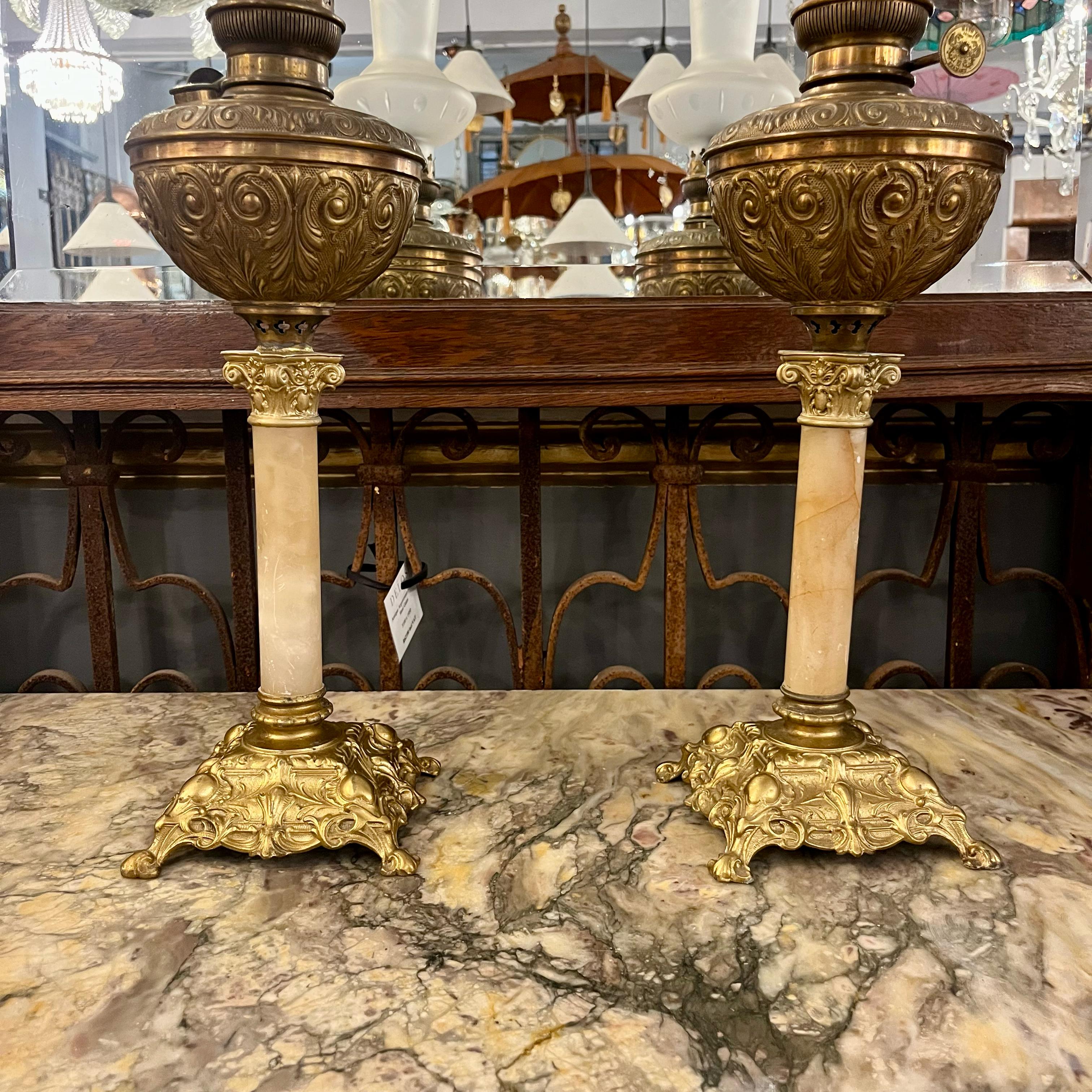 Pair of Brass and Onyx Lams with Frosted Shade