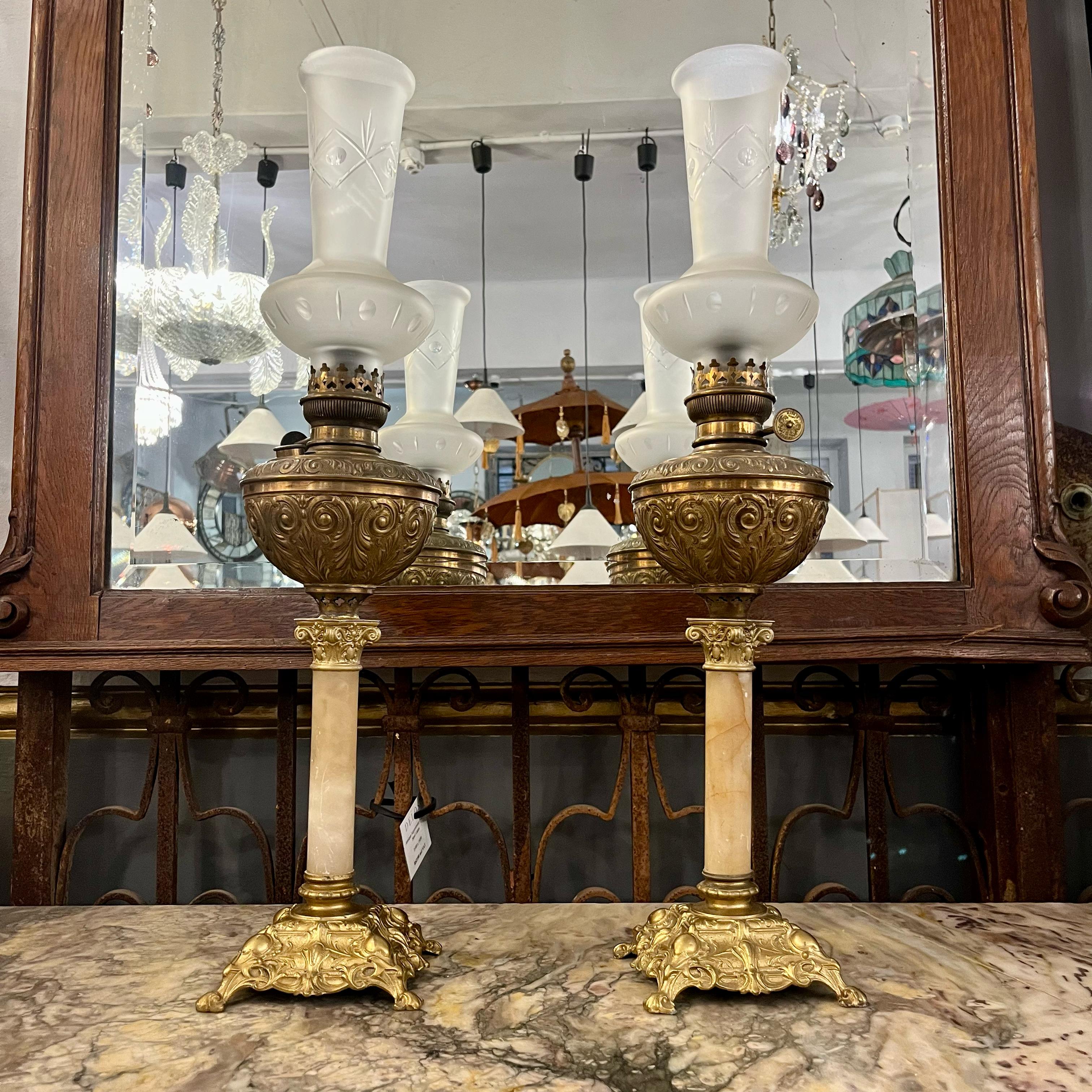 Pair of Brass and Onyx Lams with Frosted Shade