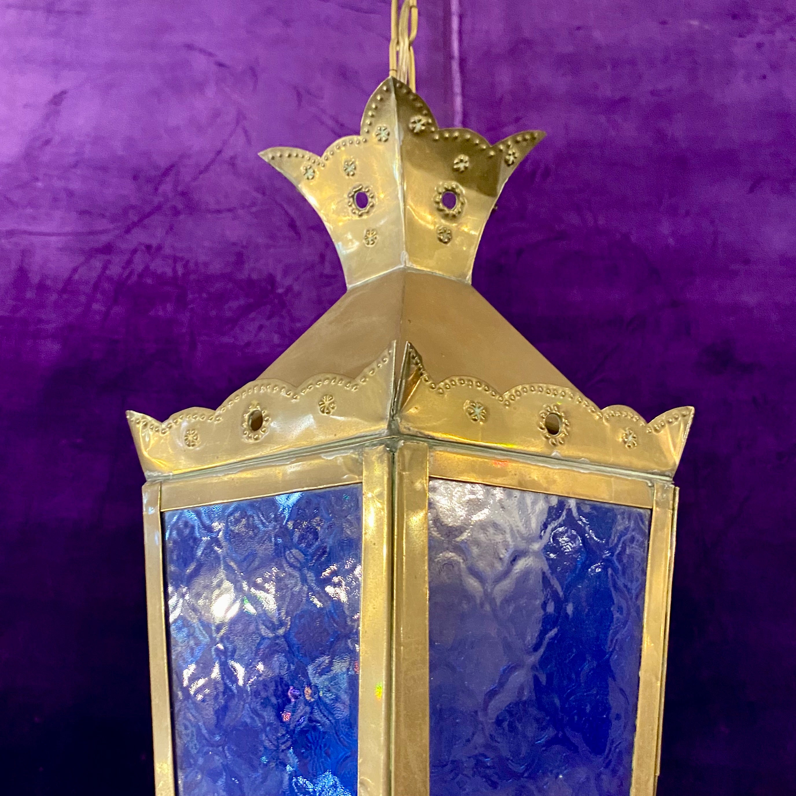 Polished Brass Lantern with Pressed Cobalt Blue Glass