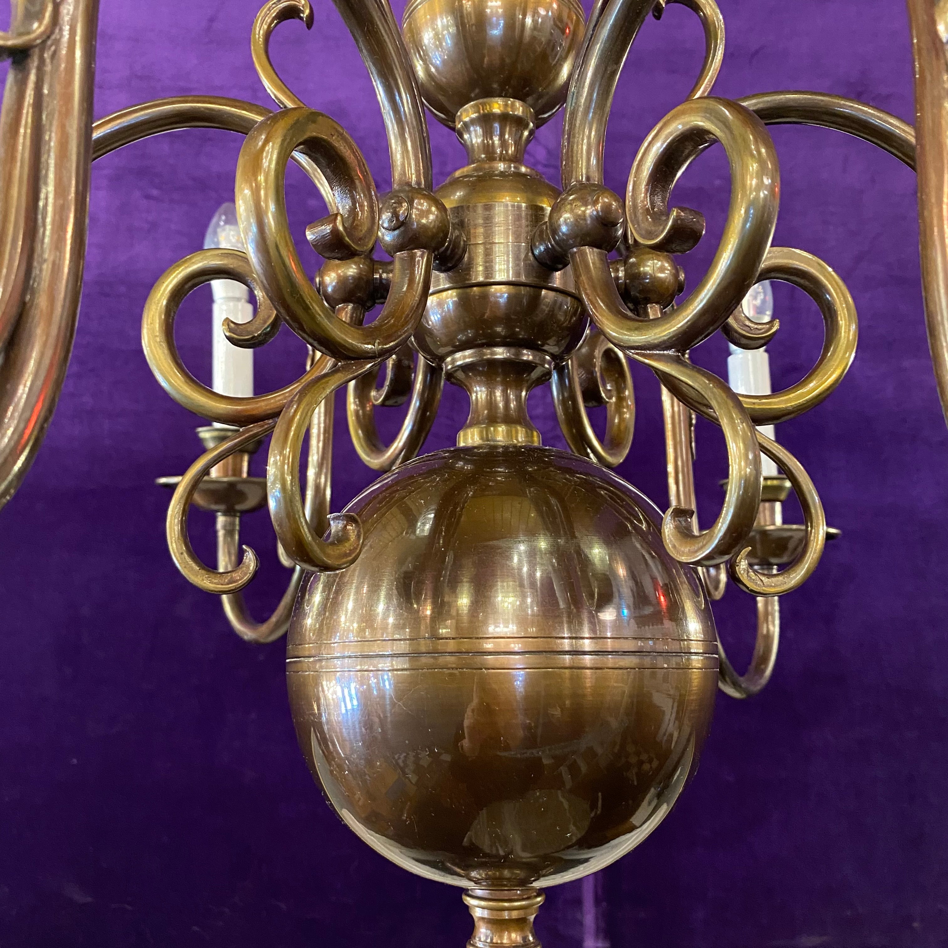 Handsome Antique Aged Brass Flemish Chandelier