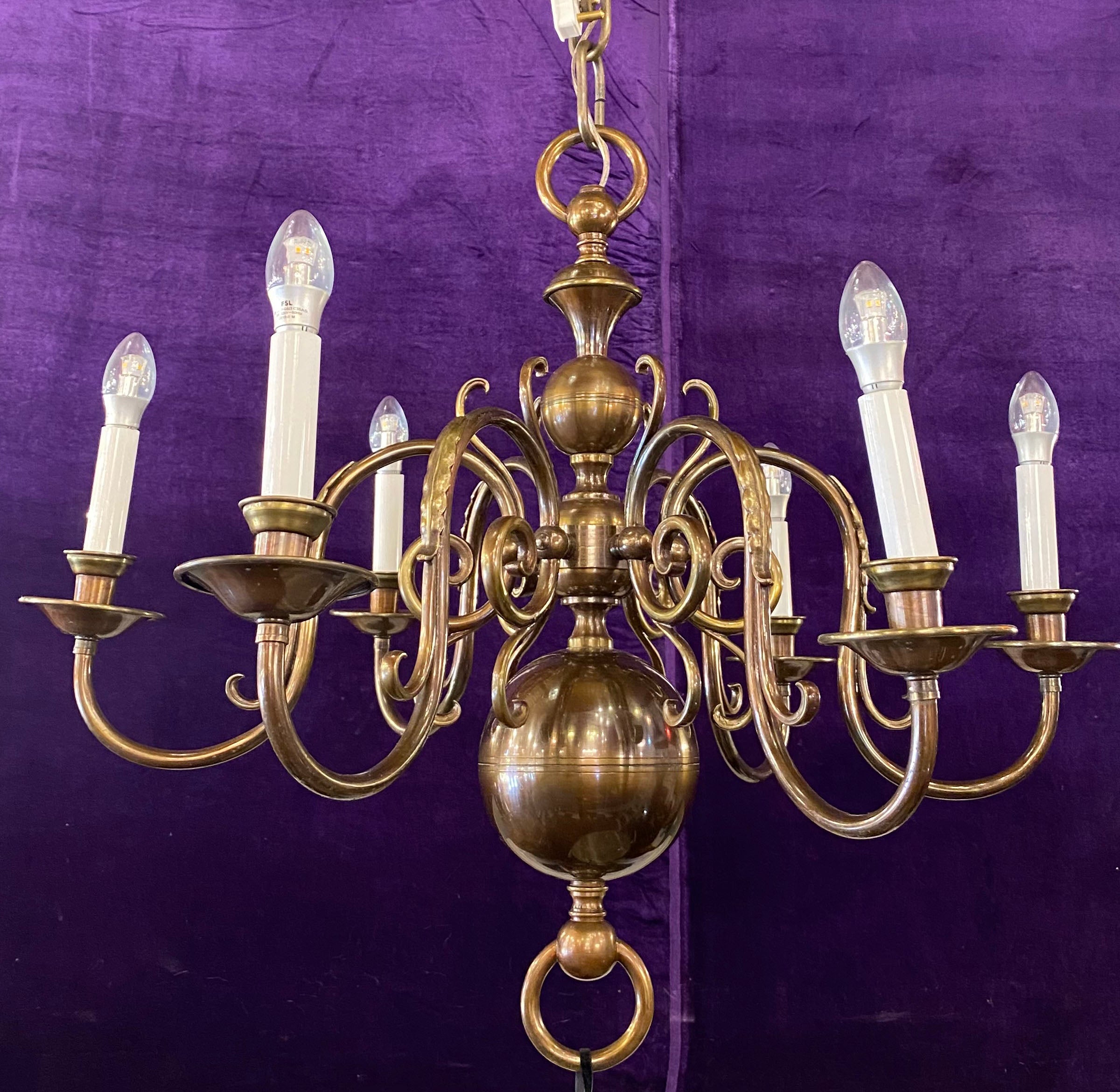 Handsome Antique Aged Brass Flemish Chandelier