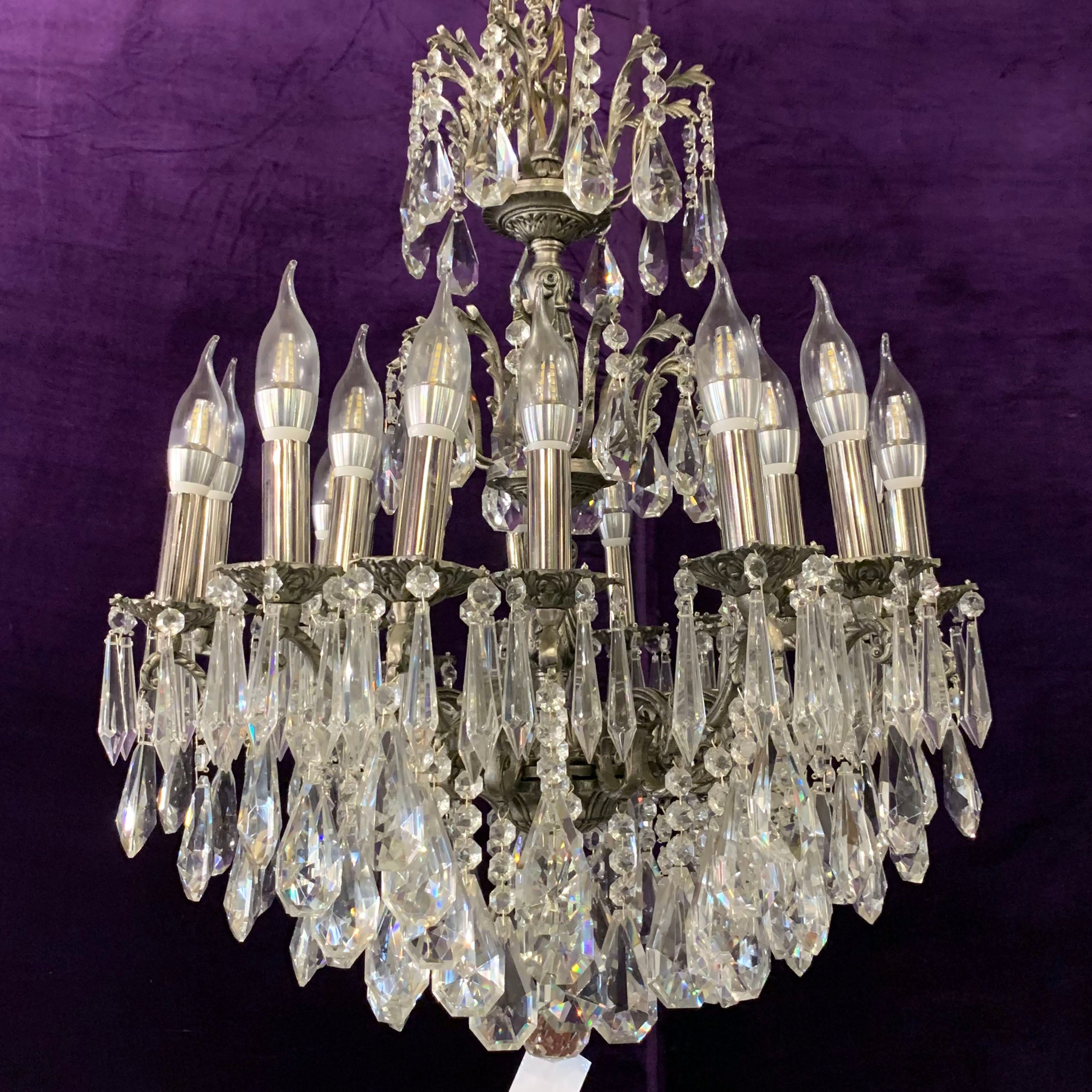 Antique French Nickel Chandelier with Heavy Crystals