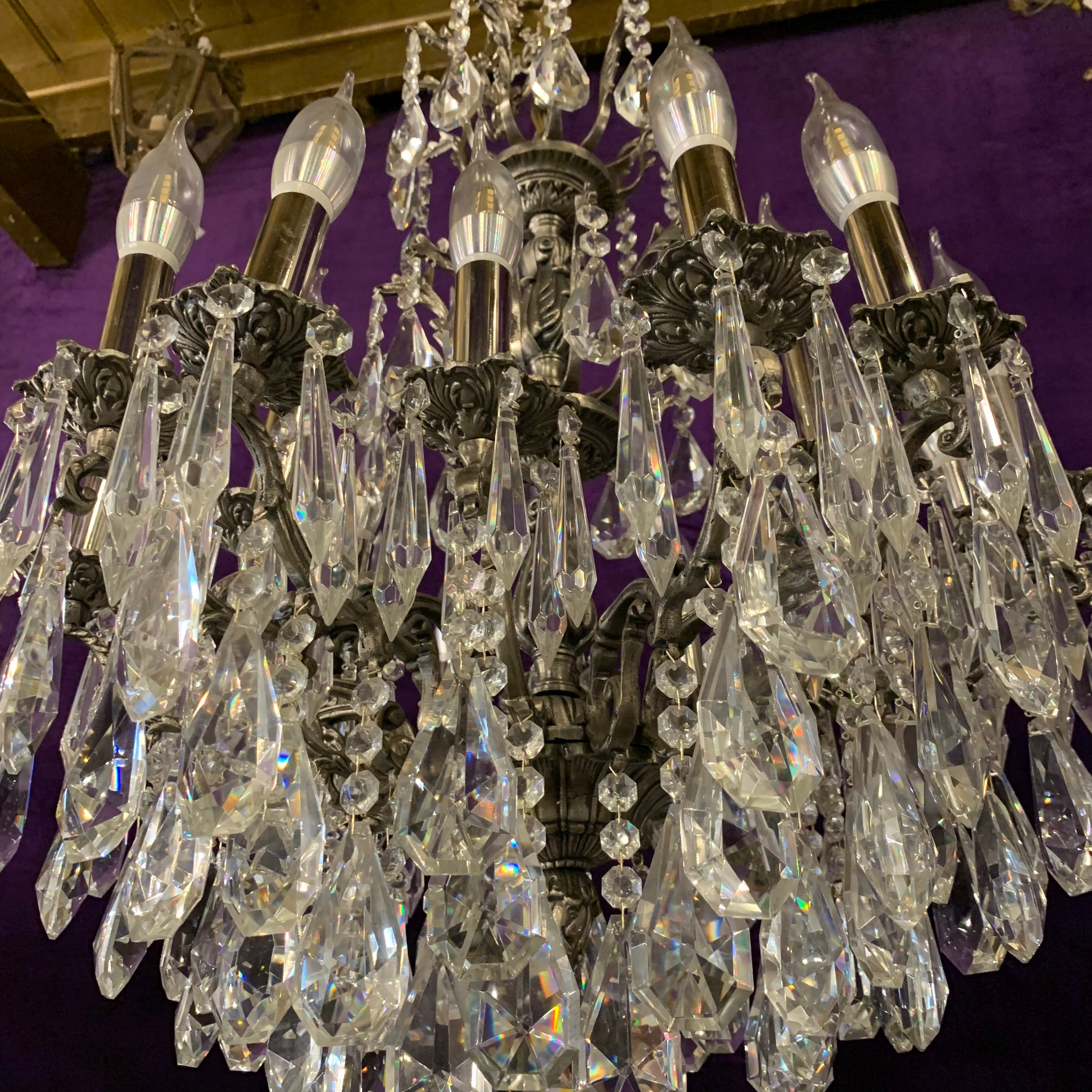 Antique French Nickel Chandelier with Heavy Crystals