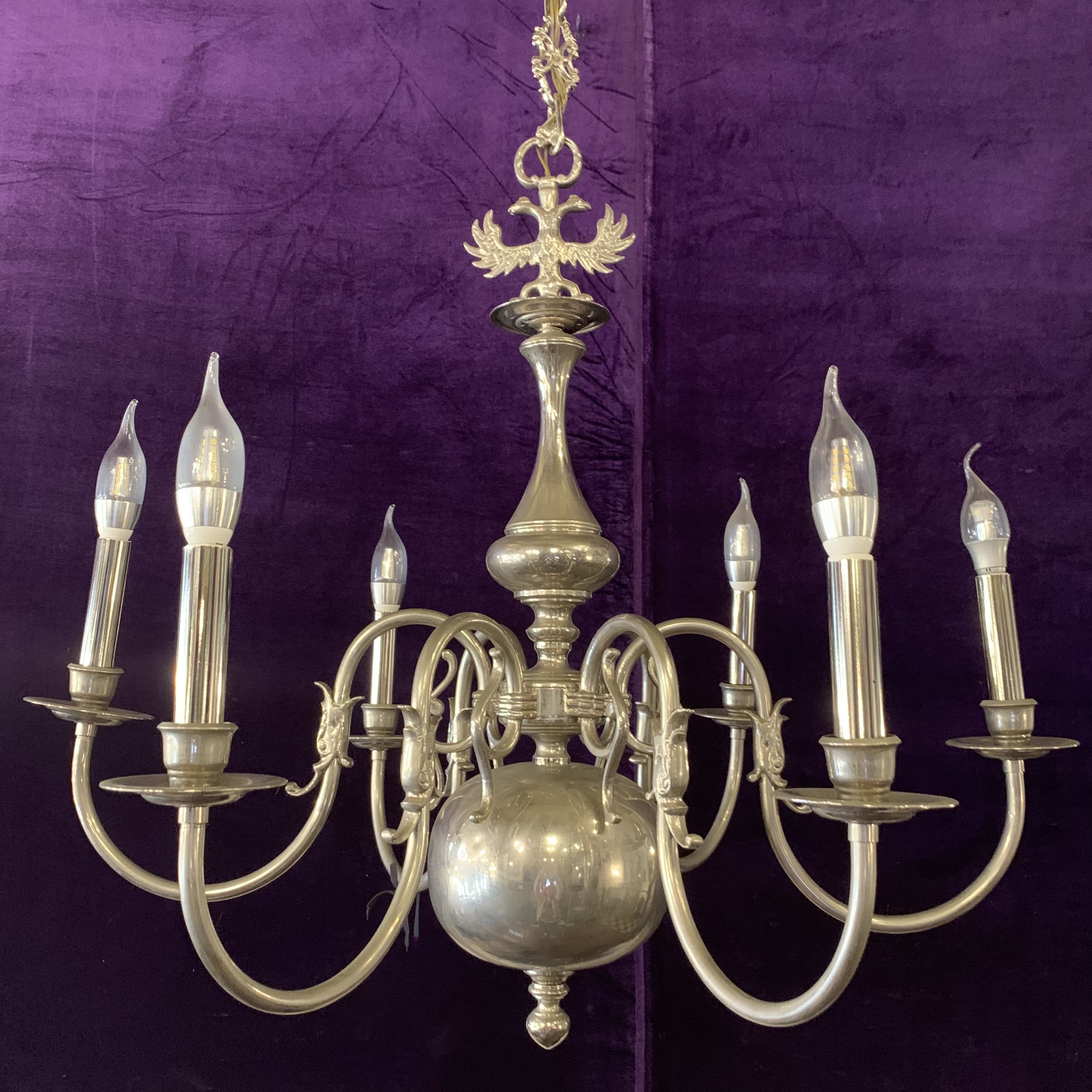 Antique Polished Nickel Flemish Chandelier with Fish Detail