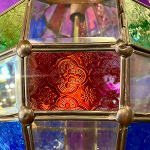 Antique Brass Lantern with Pressed Coloured Glass