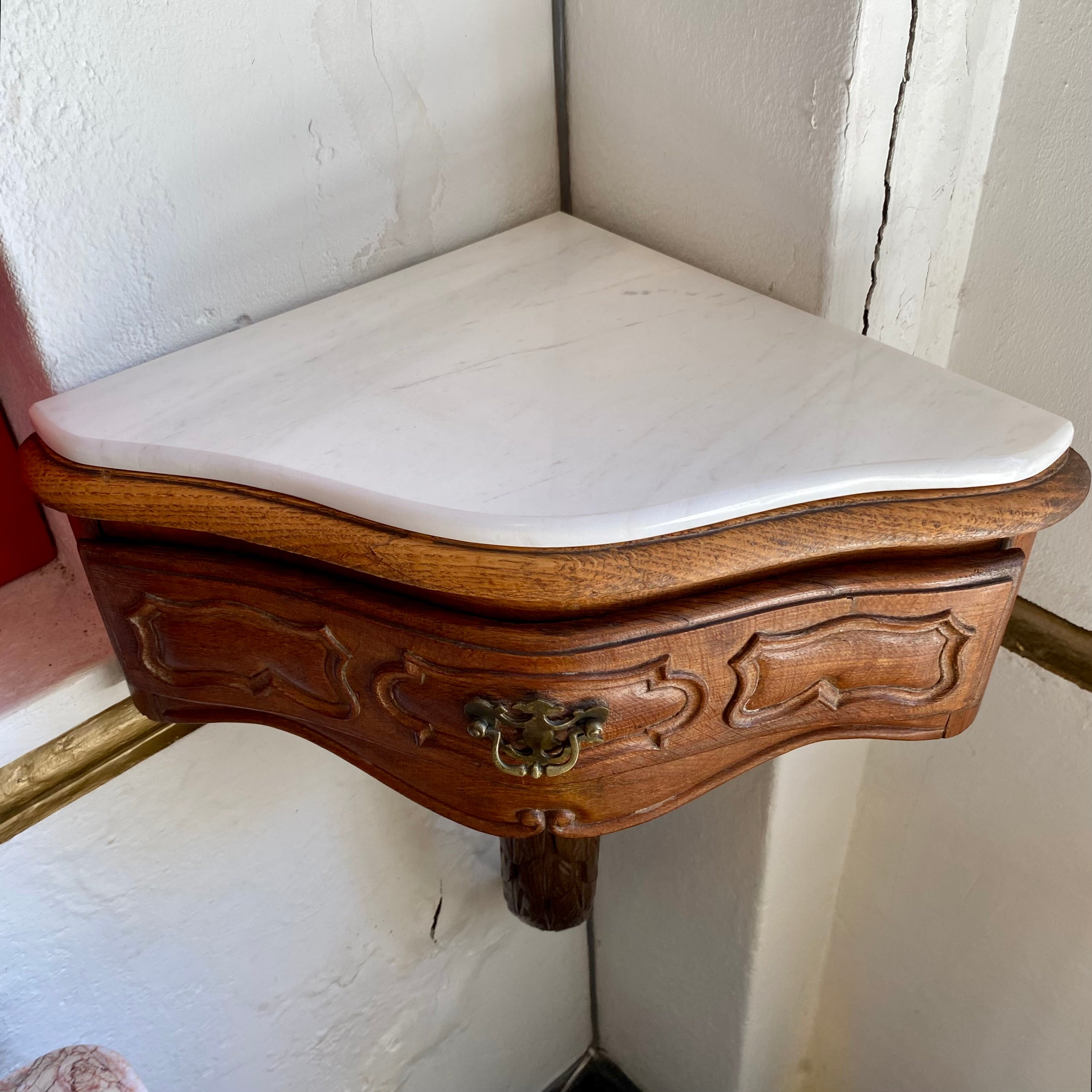 Pair of Floating Carved Oak Corner Shelf with Marble Top