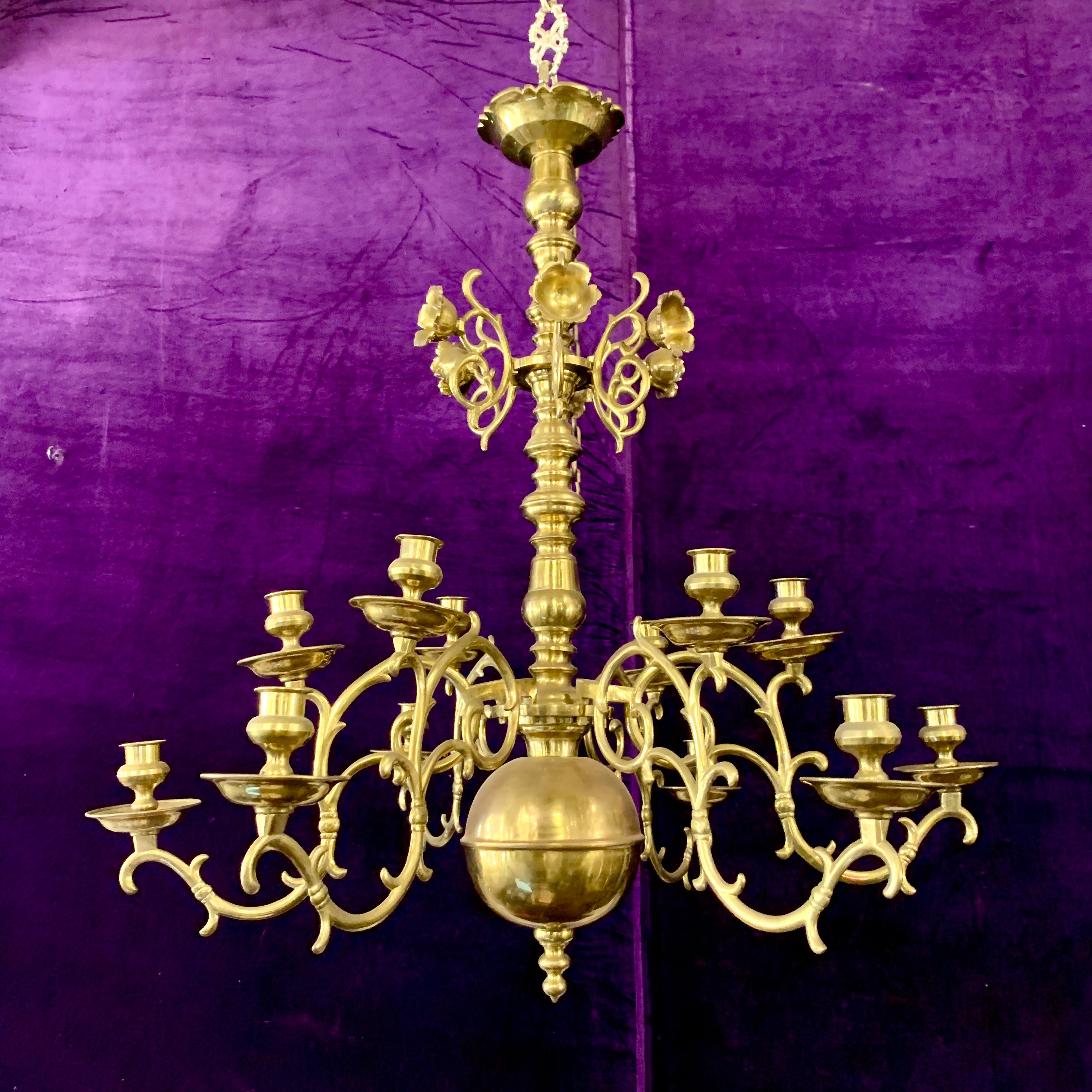 Grand Polished Brass Flemish Chandelier wih Floral Detail