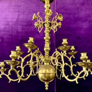 Grand Polished Brass Flemish Chandelier wih Floral Detail