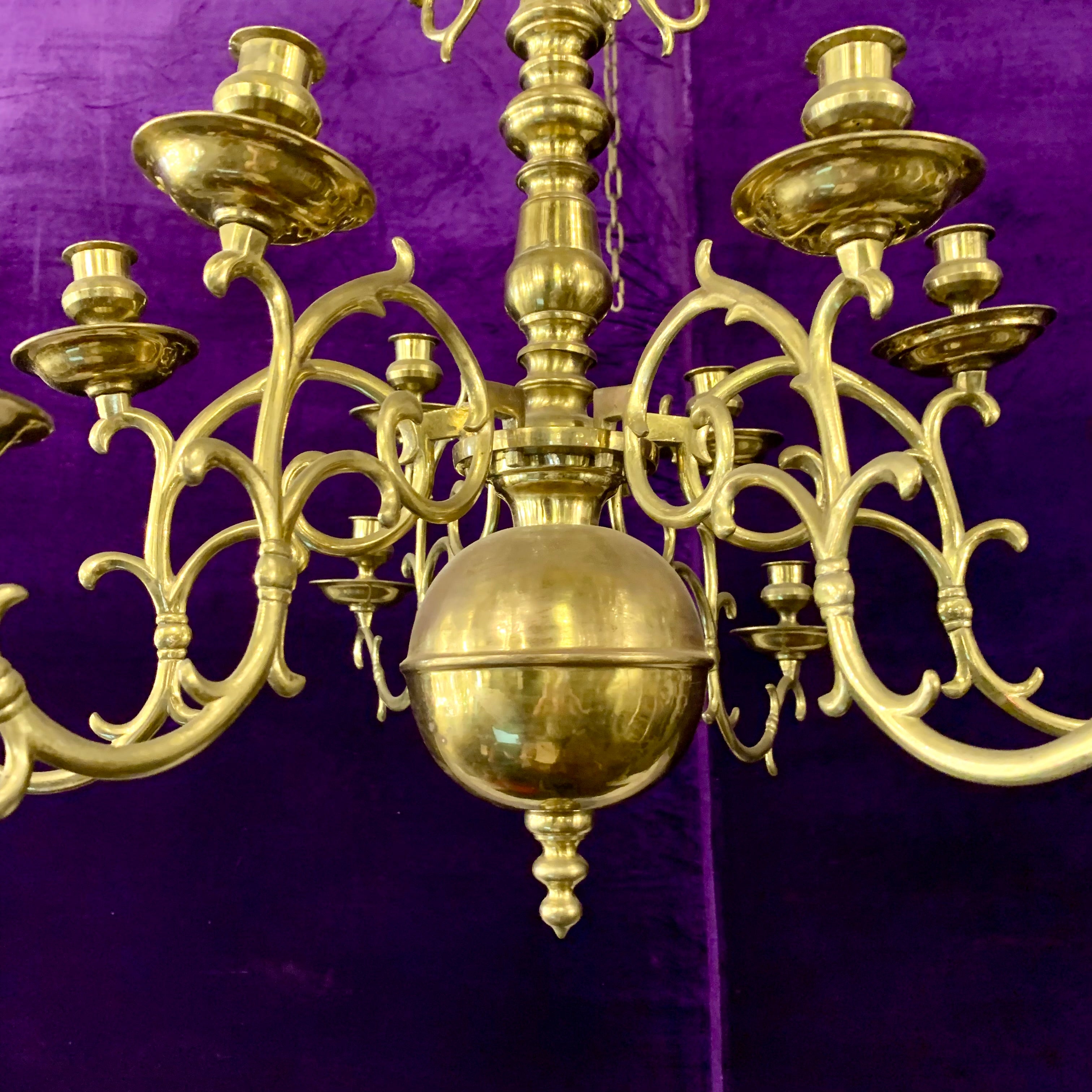 Grand Polished Brass Flemish Chandelier wih Floral Detail