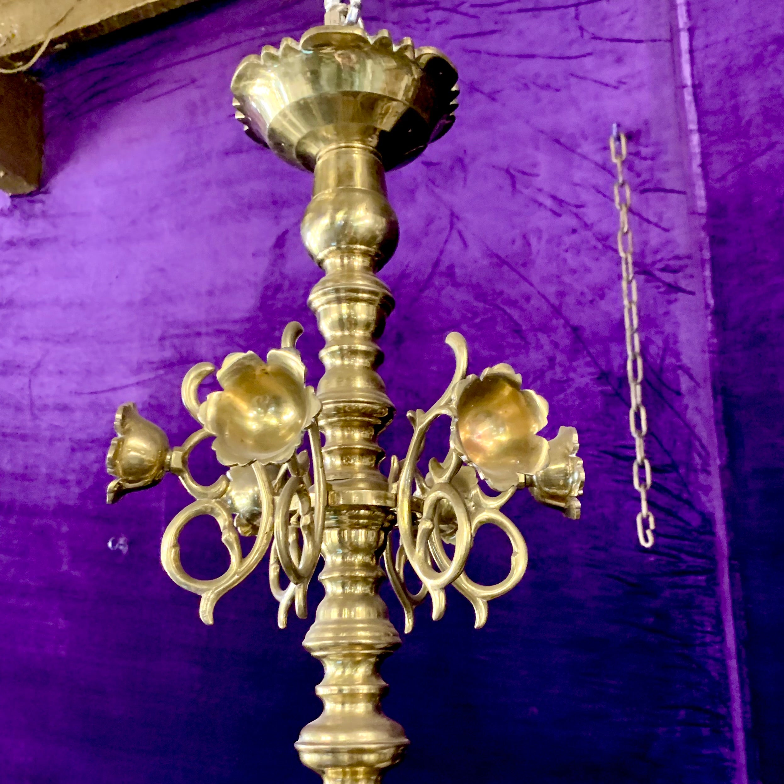 Grand Polished Brass Flemish Chandelier wih Floral Detail