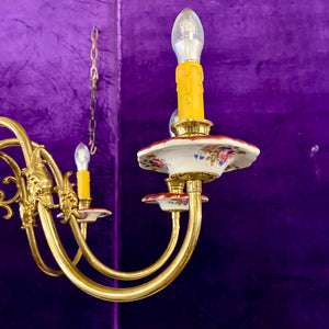 Vintage Pink & Polished Brass Delft Chandelier