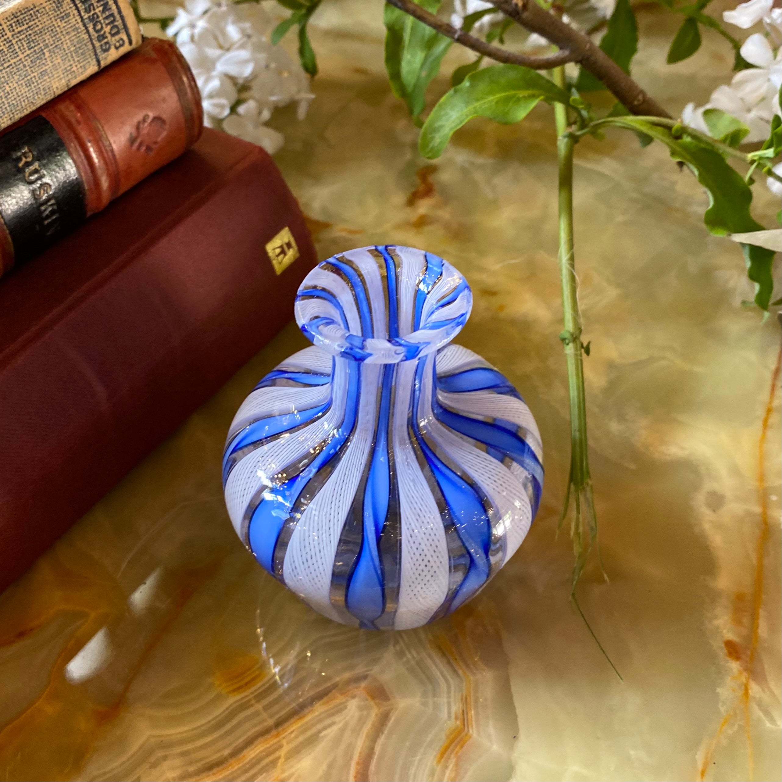 Tiny Striped Blue and White Murano Vase - SOLD