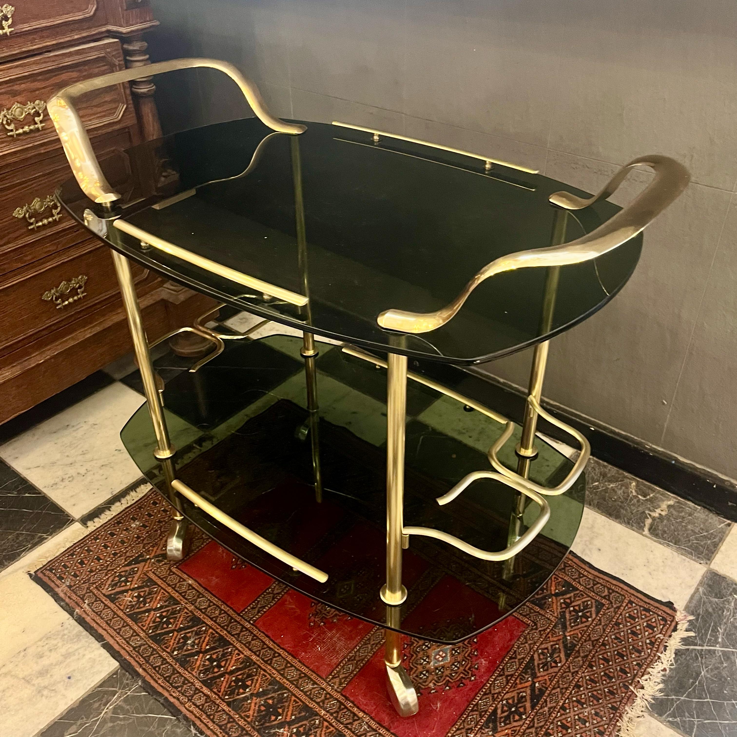 Gorgeous and Glamorous 1970's Smoked Glass and Brass Bar Cart - SOLD