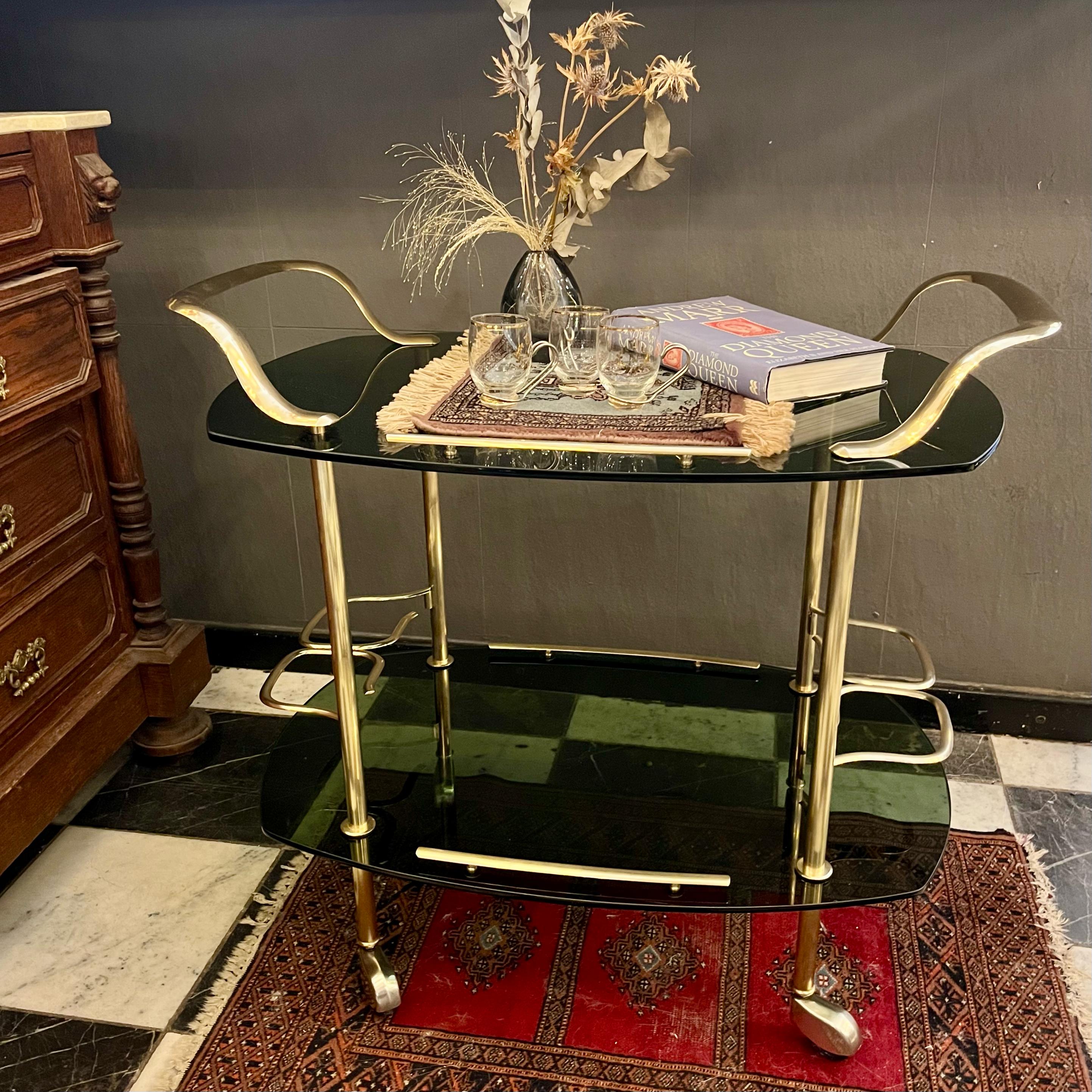Gorgeous and Glamorous 1970's Smoked Glass and Brass Bar Cart - SOLD