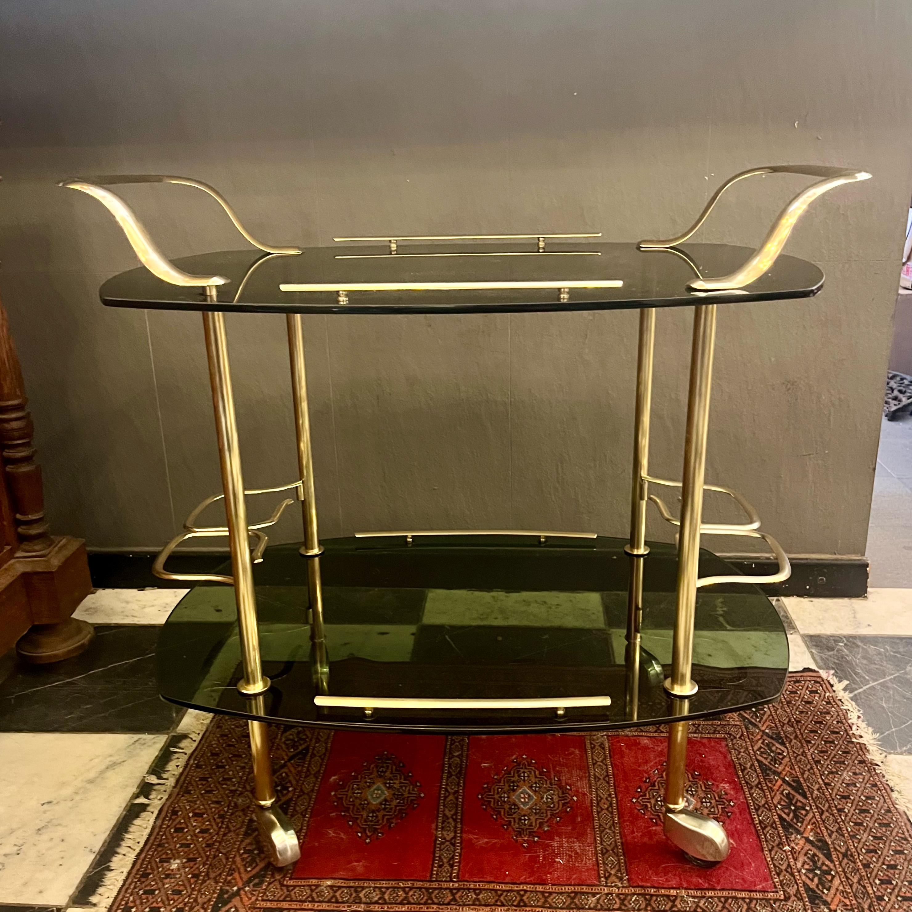 Gorgeous and Glamorous 1970's Smoked Glass and Brass Bar Cart - SOLD