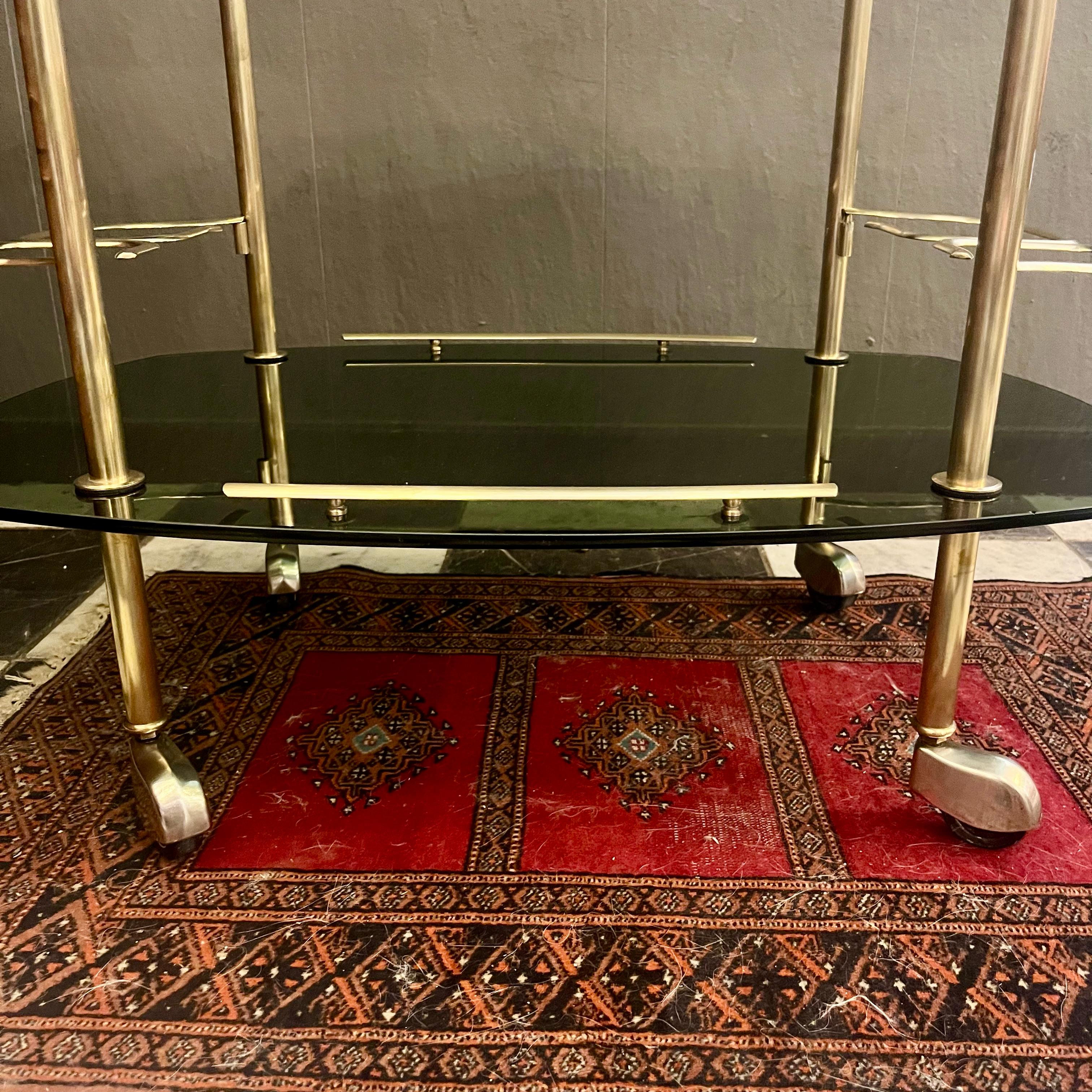 Gorgeous and Glamorous 1970's Smoked Glass and Brass Bar Cart - SOLD