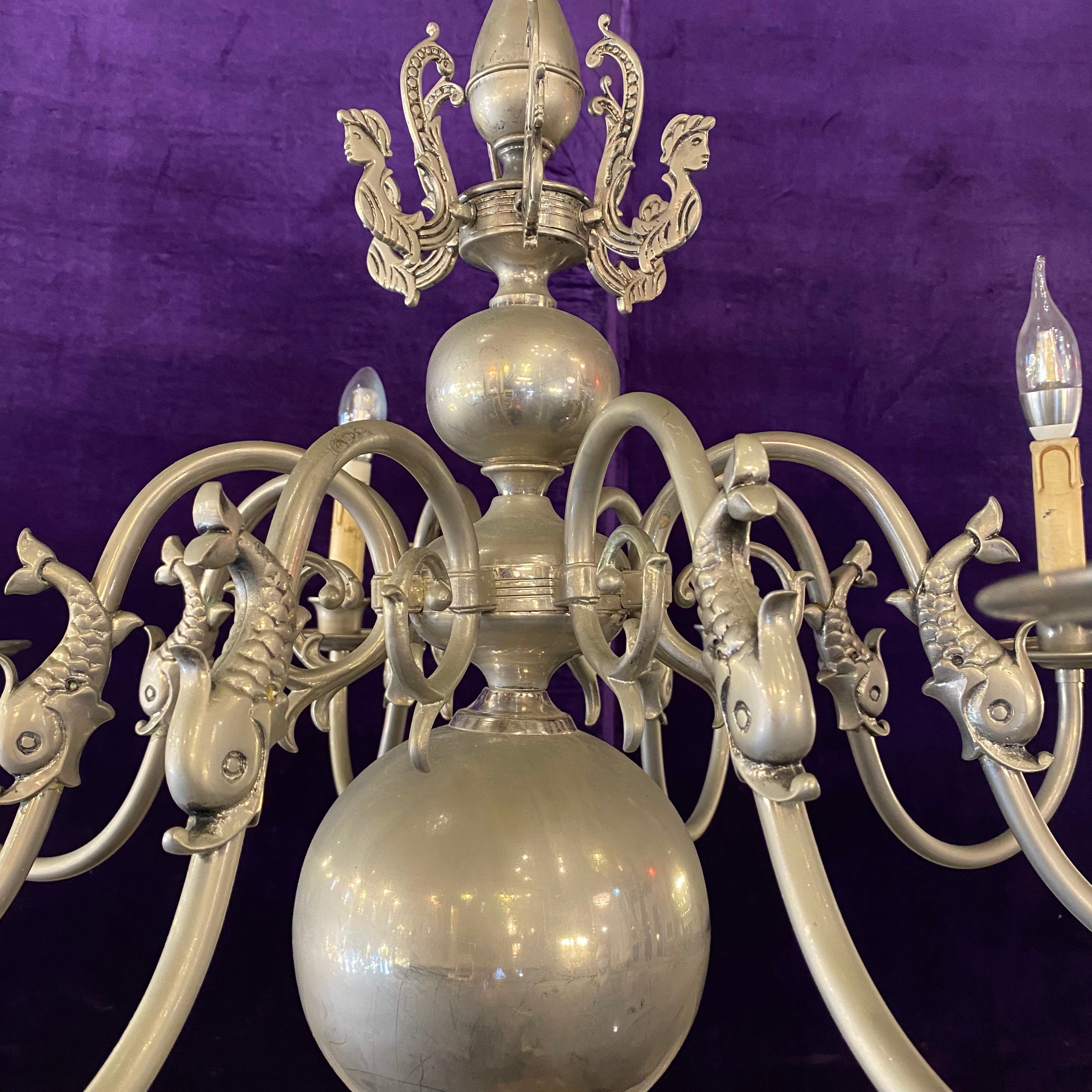 Antique Aged Nickel Flemish Chandelier with Mermen