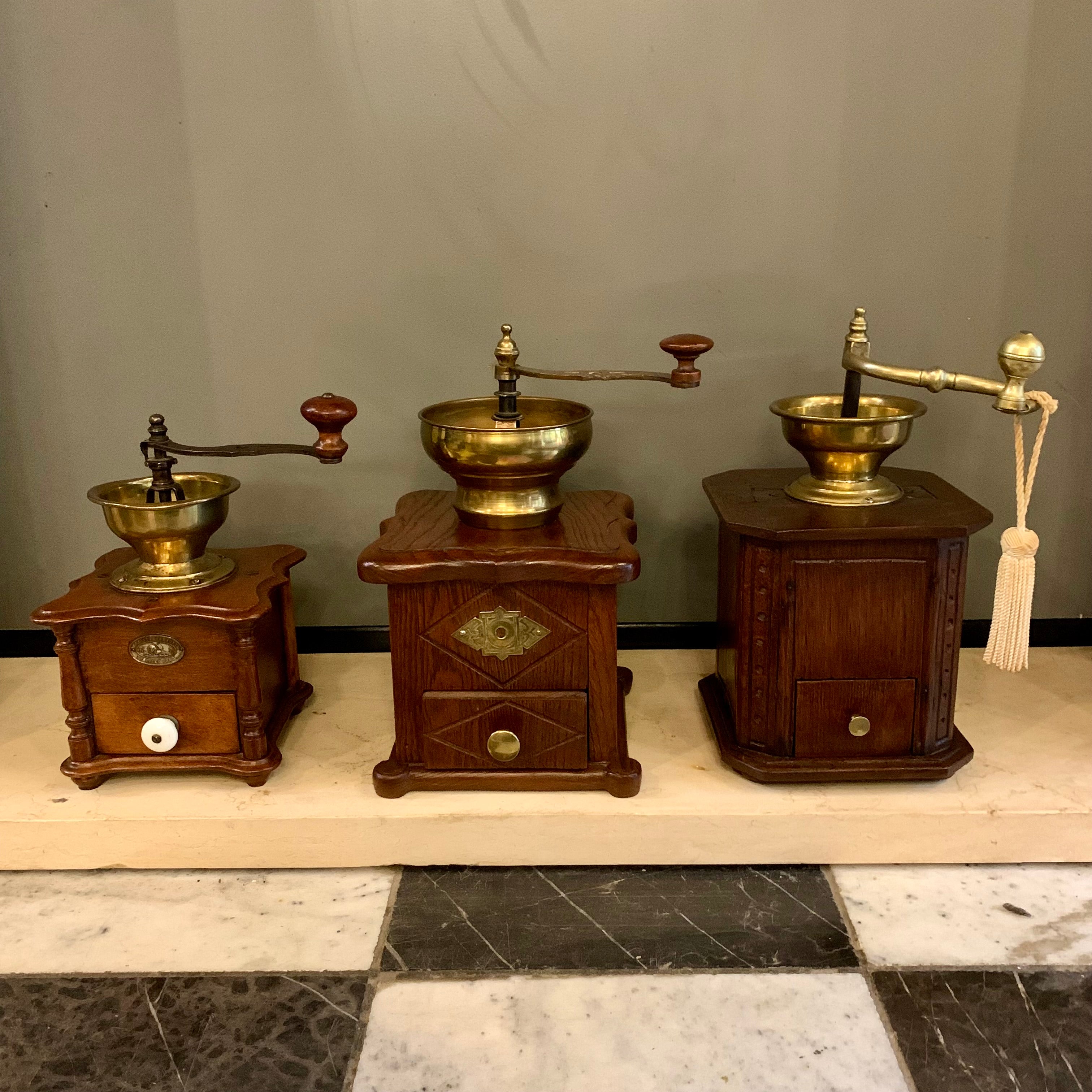 Antique Oak and Brass Coffee Grinders