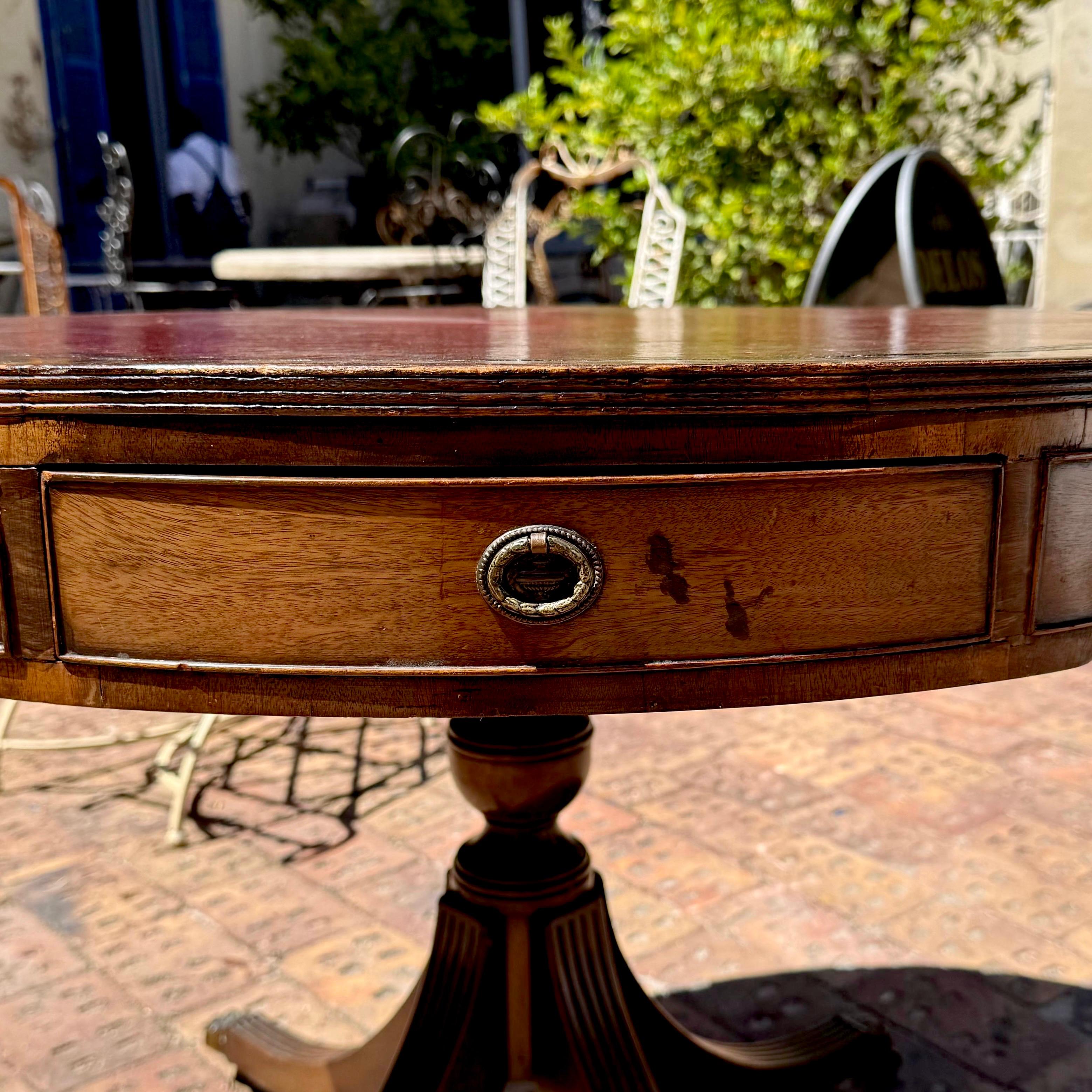 Regency-Style Mahogany Drum Table with Tooled Leather Top, c. Early 20th Century