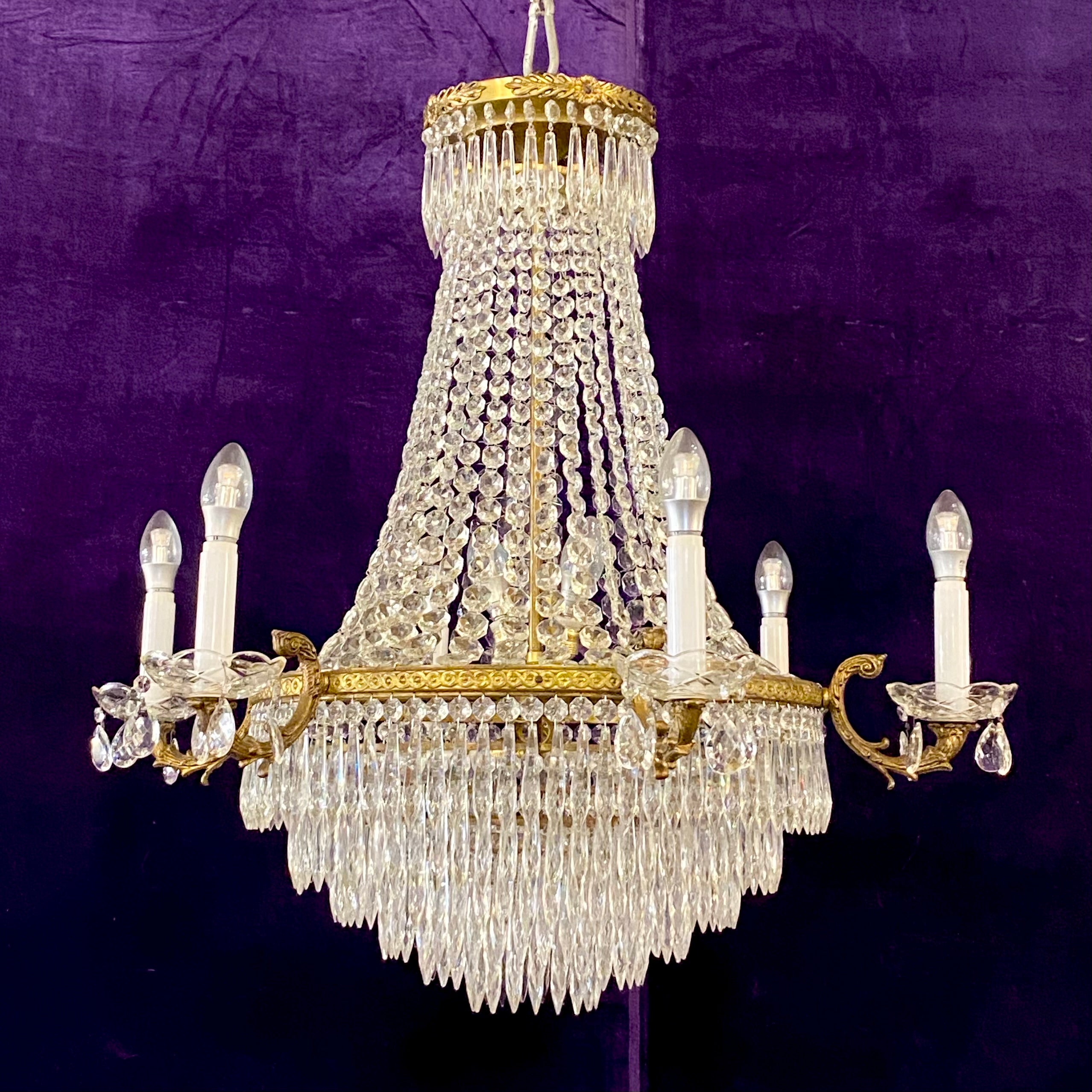 Antique Gilt Metal and Crystal Neoclassical Chandelier