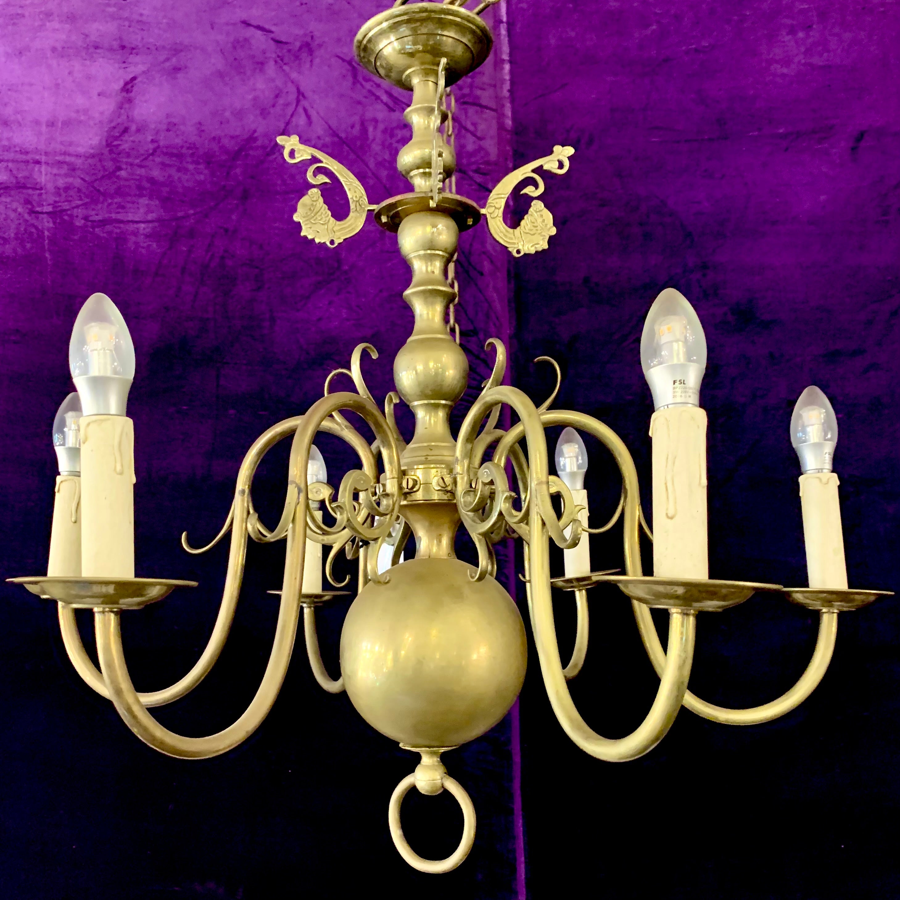 Antique Brass Flemish Chandelier with Mermen Detail