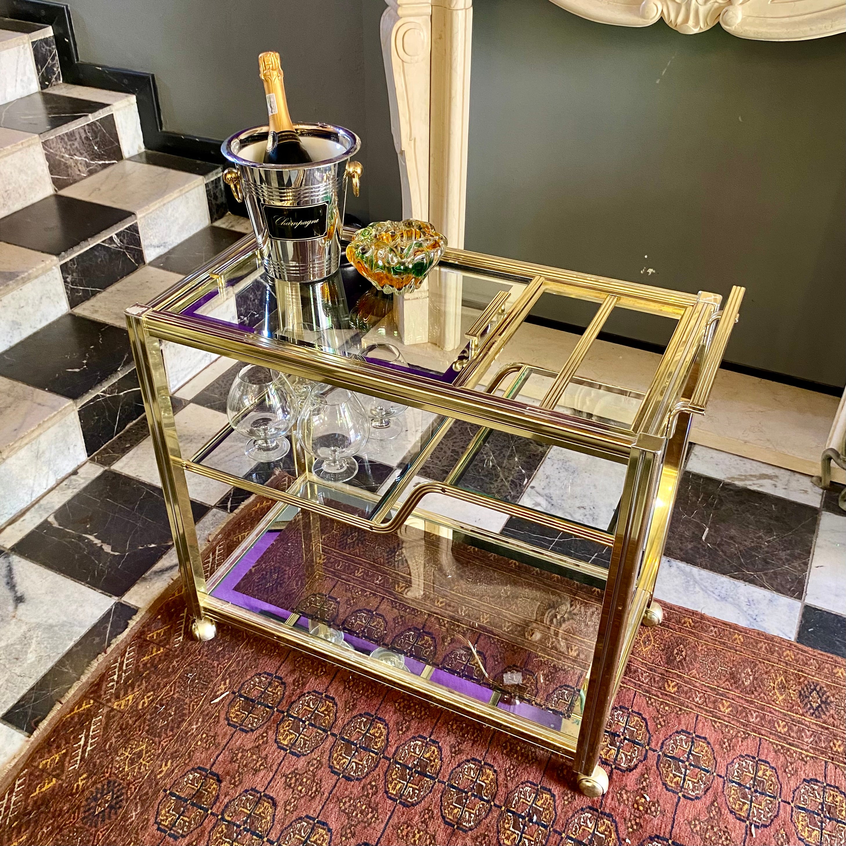 Amazing Vintage Brass and Glass Drinks Trolley