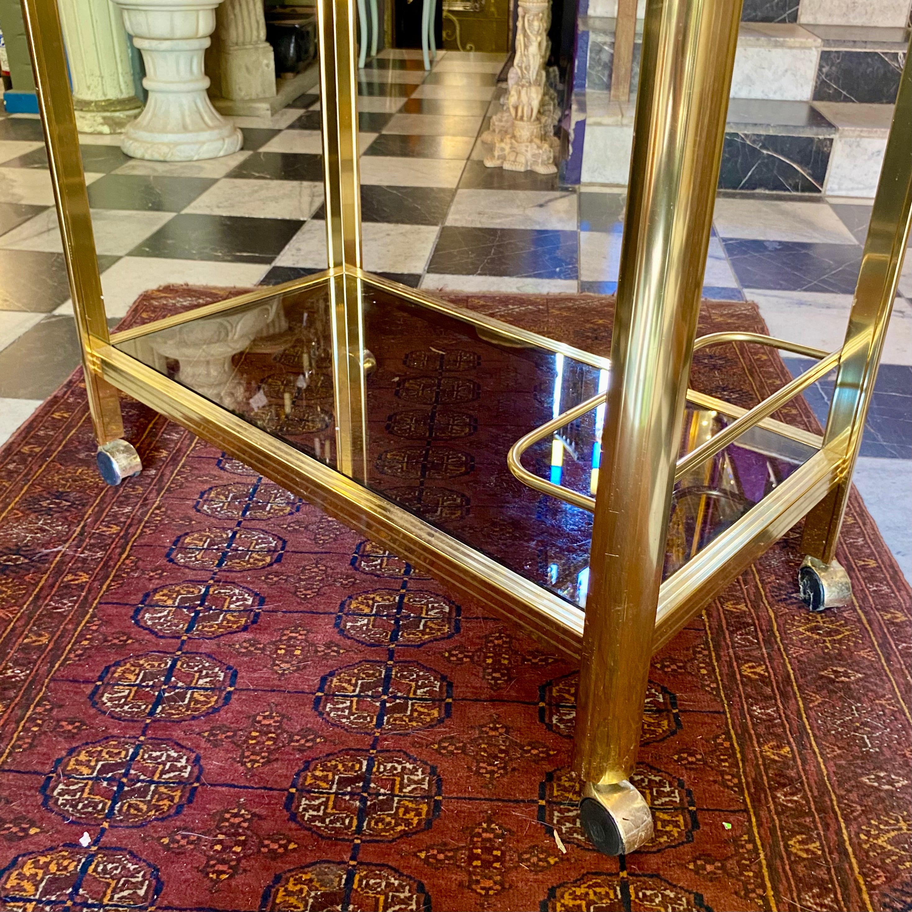 Rare Vintage Smoked Glass and Brass Drinks Trolley