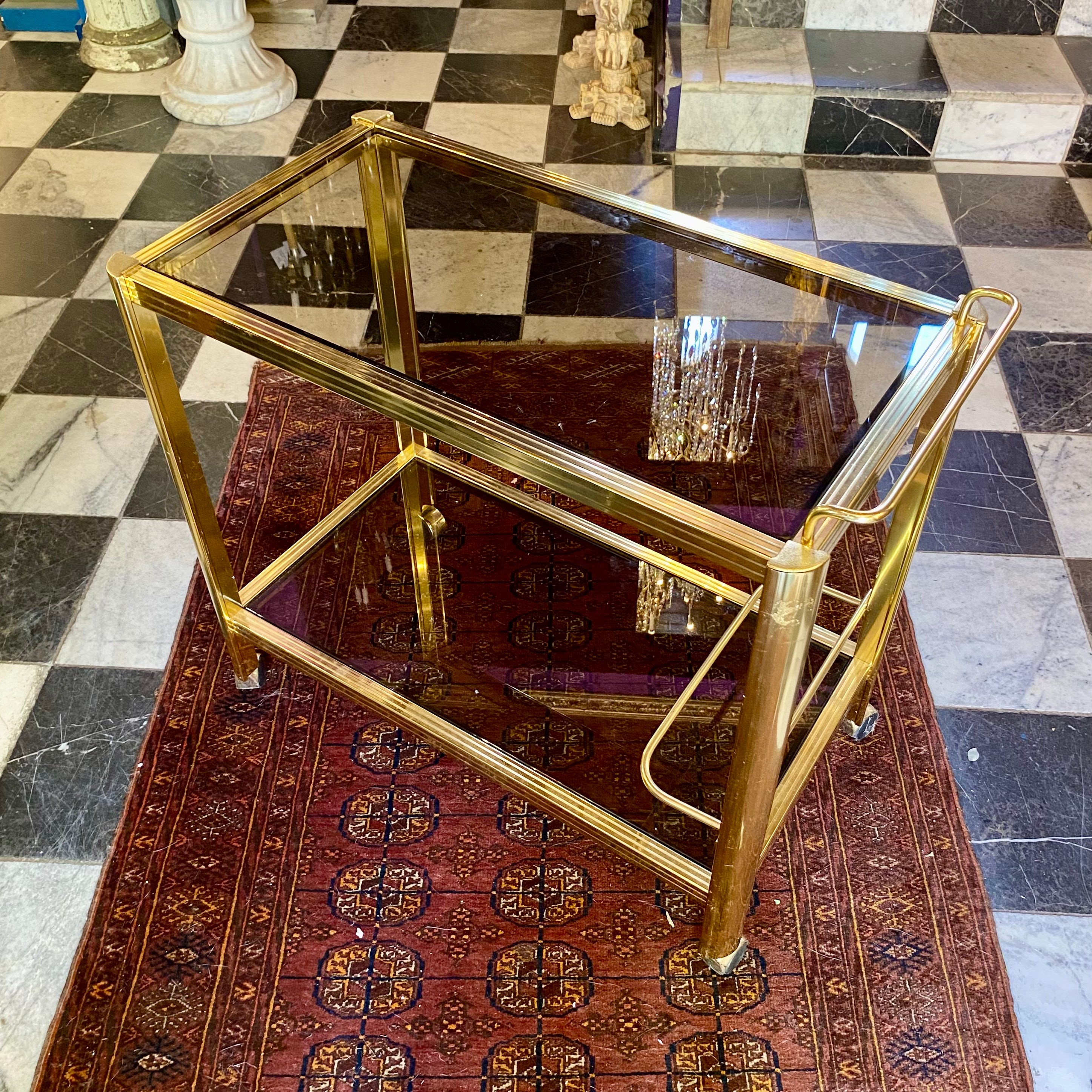 Rare Vintage Smoked Glass and Brass Drinks Trolley