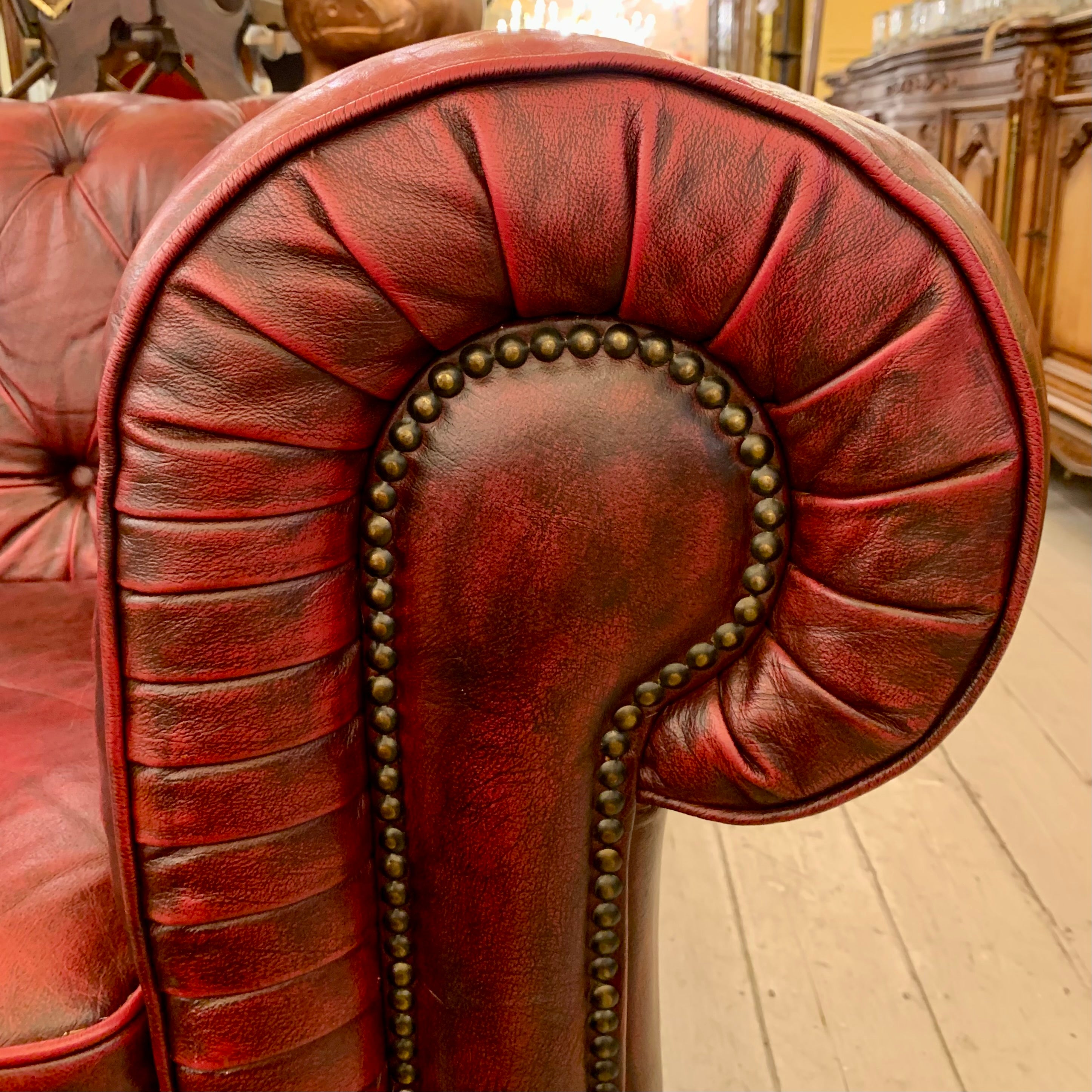 Luxurious Maroon Leather Three Seater Chesterfield