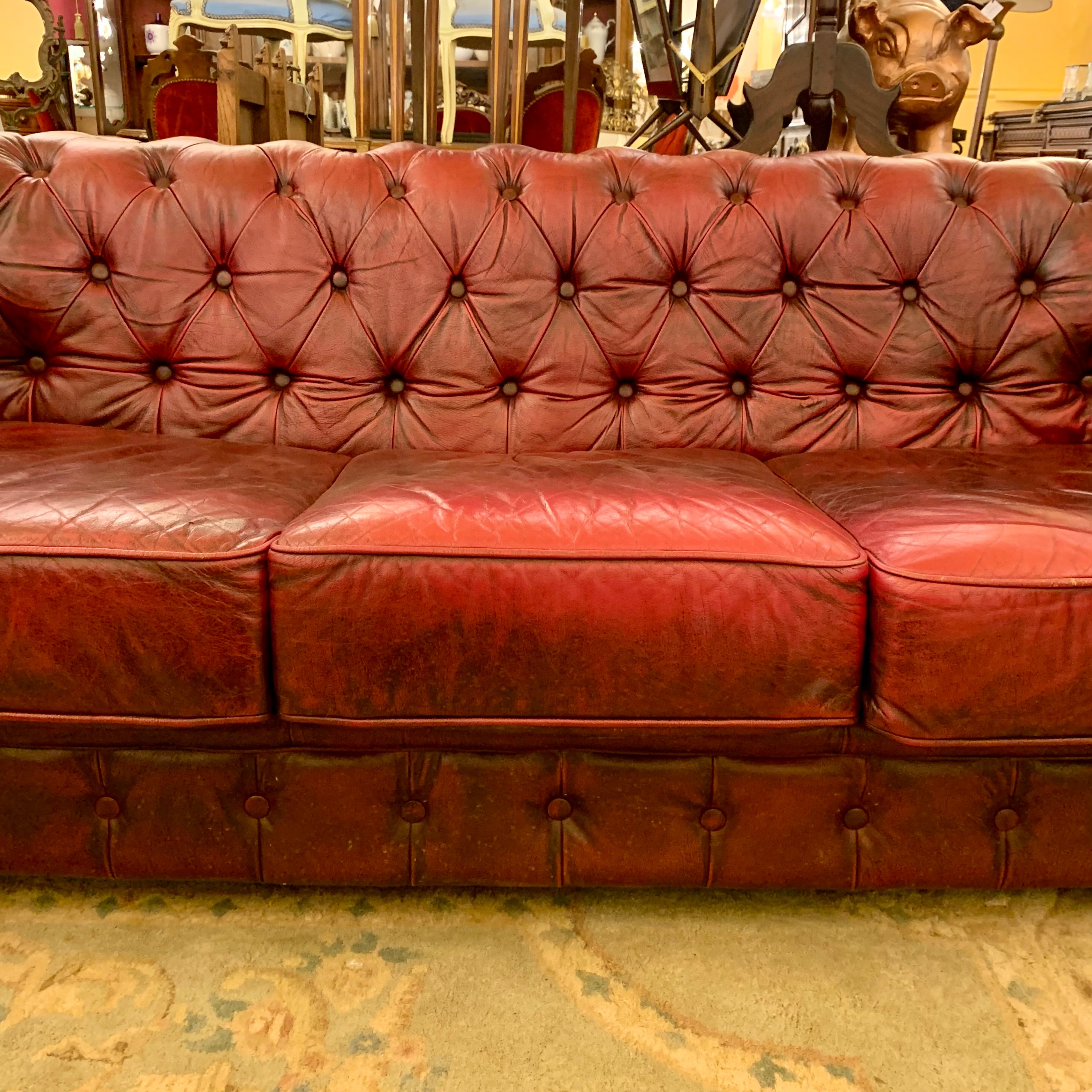 Luxurious Maroon Leather Three Seater Chesterfield
