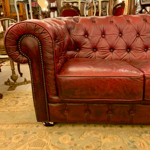 Luxurious Maroon Leather Three Seater Chesterfield