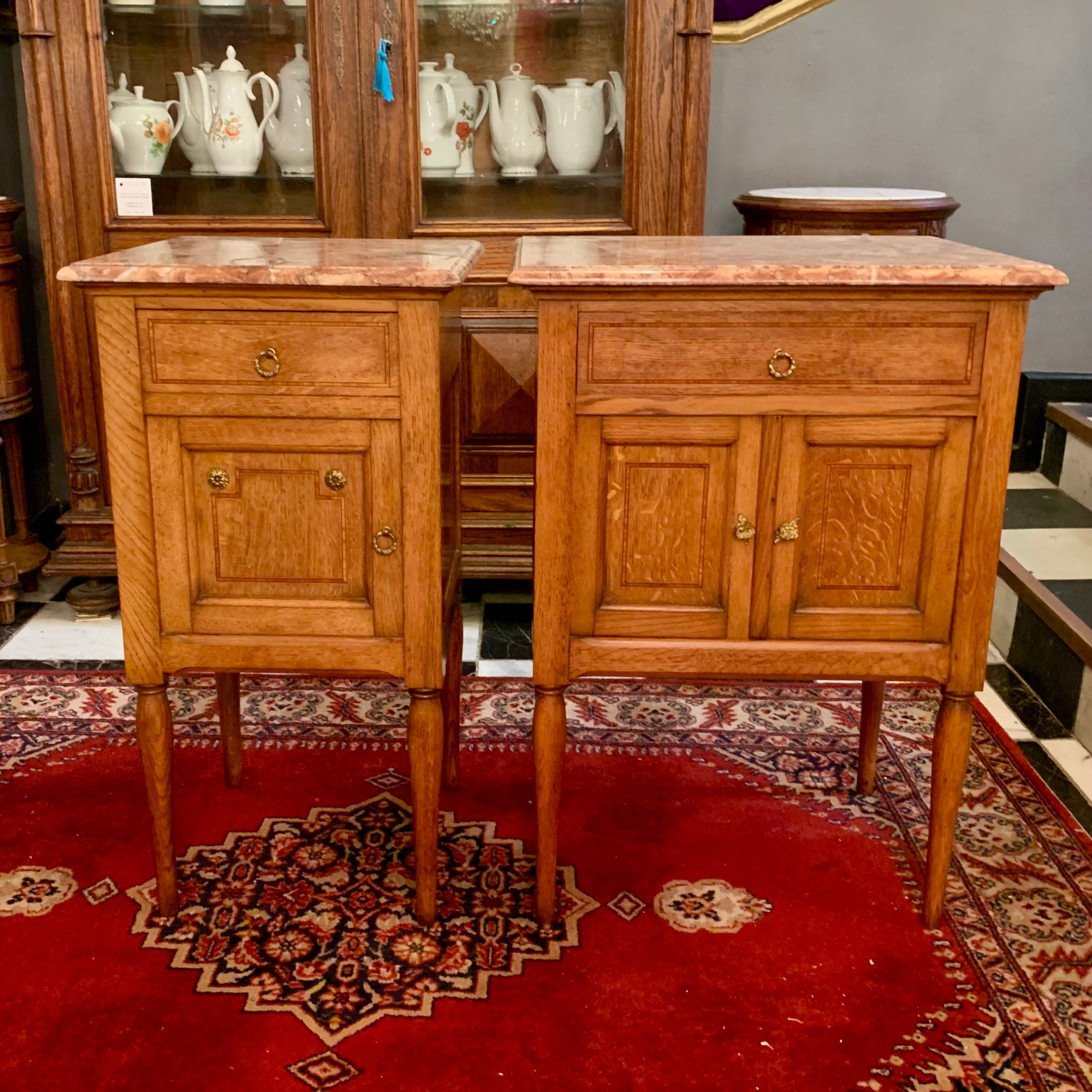 Antique Pair of Oak Pedestals with Striking Marble Top - SOLD