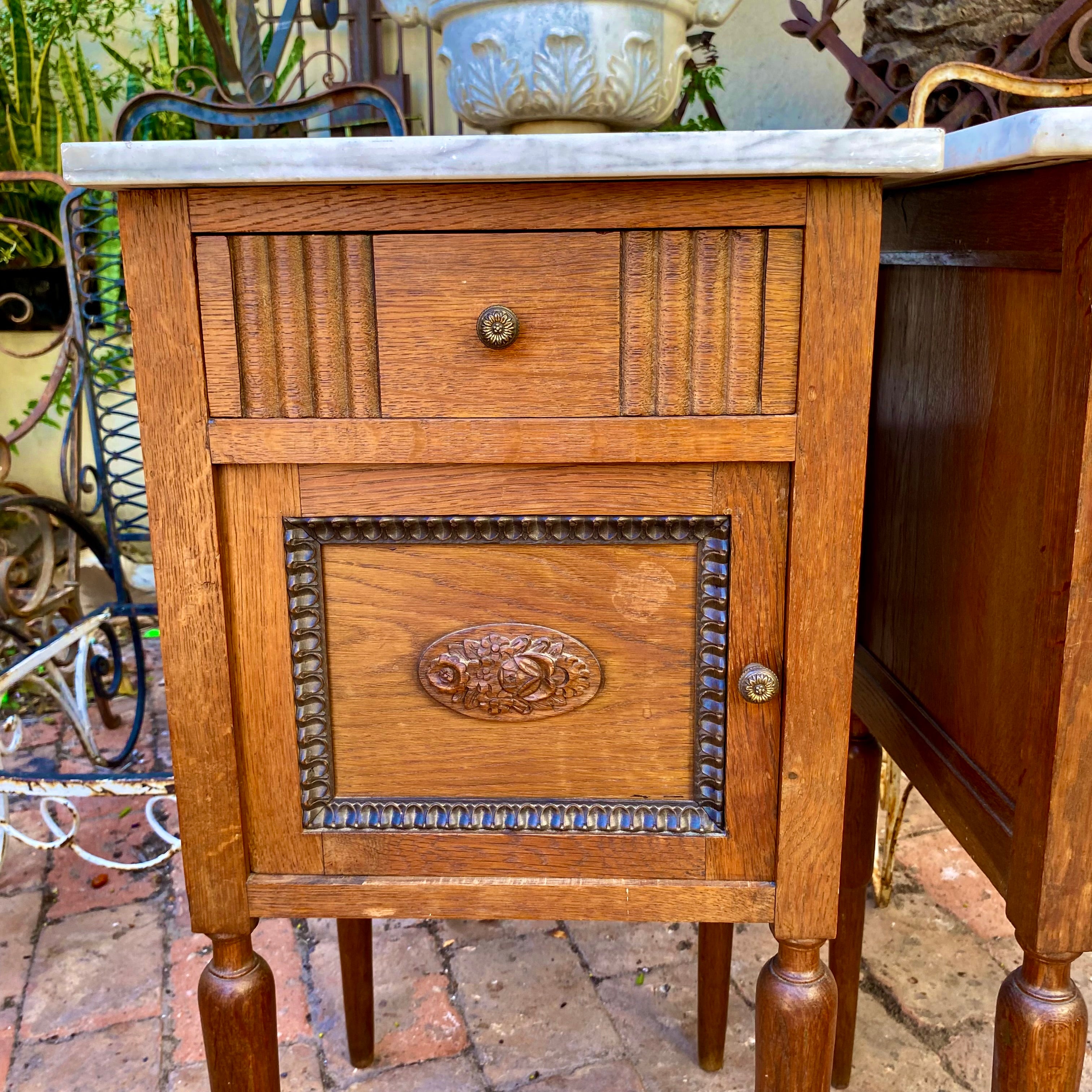 Pair of Antique Oak Bedside Pedestals with Grey Vein