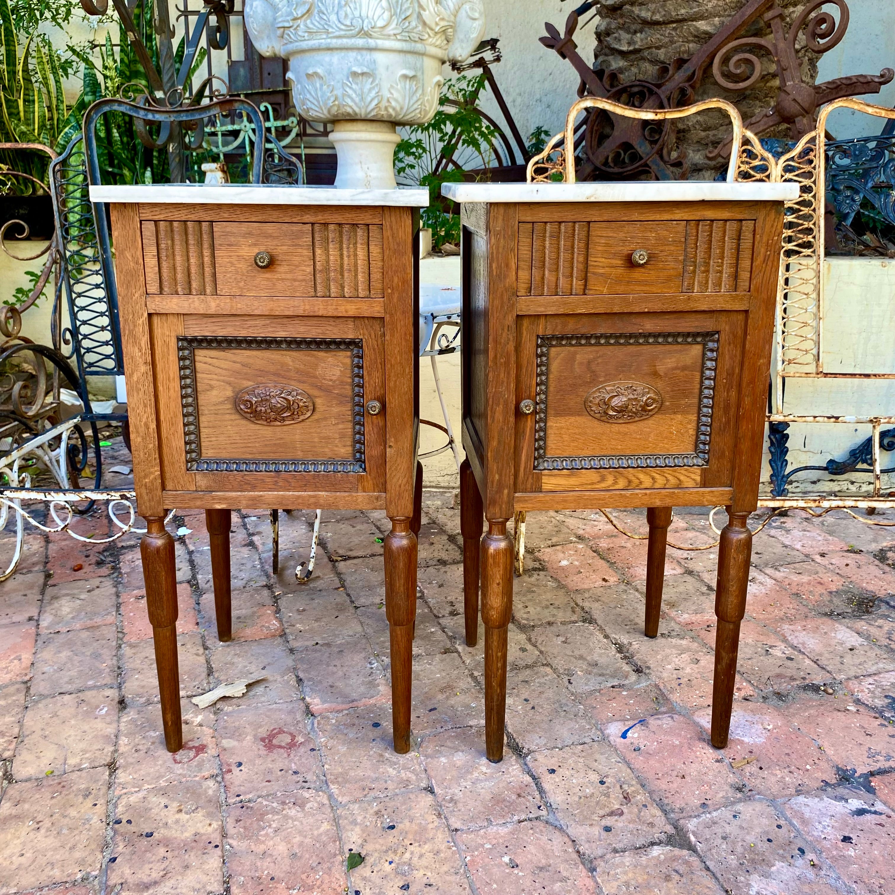 Pair of Antique Oak Bedside Pedestals with Grey Vein