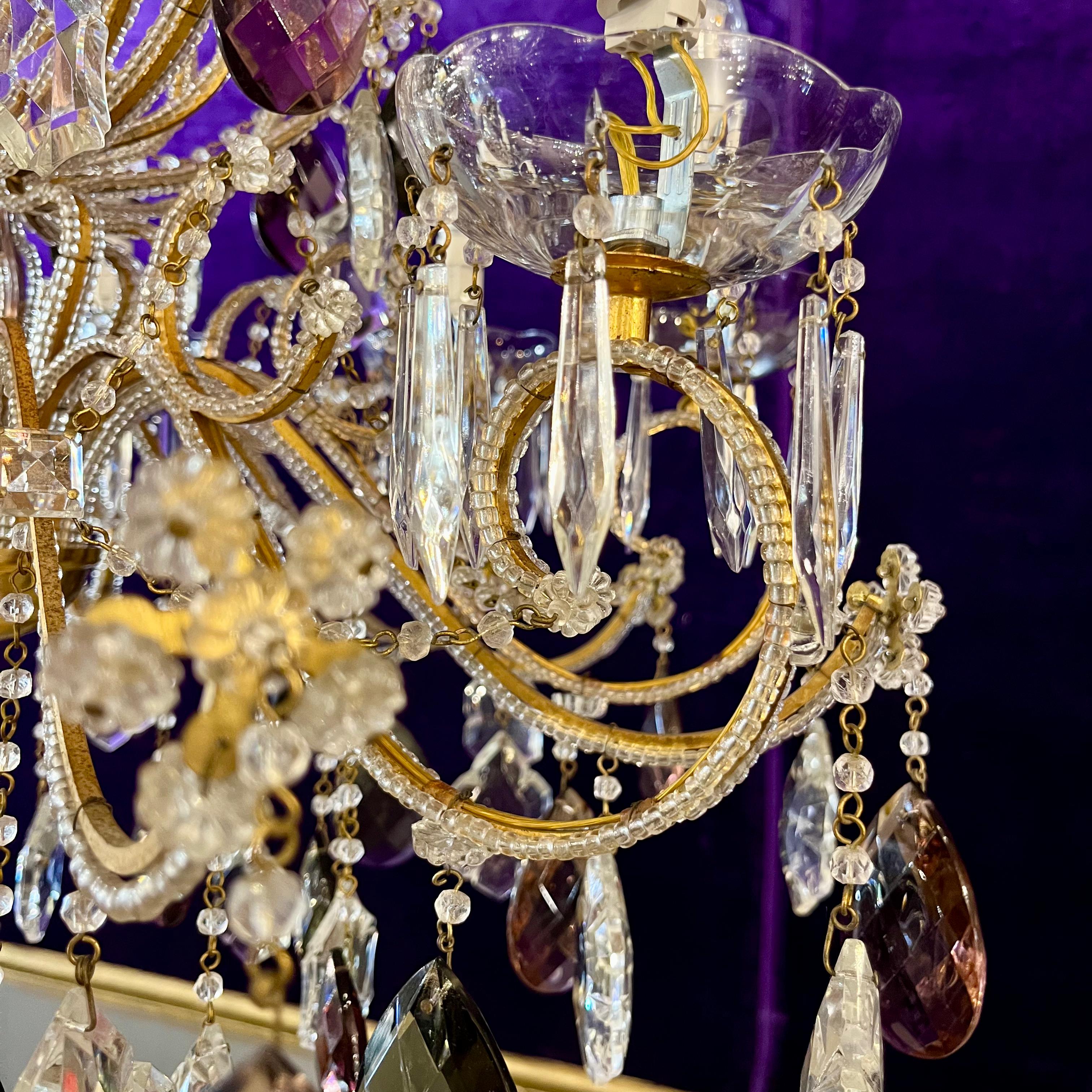 SOLD Exquisite Antique Brass Cage Chandelier with Crystal Flowers