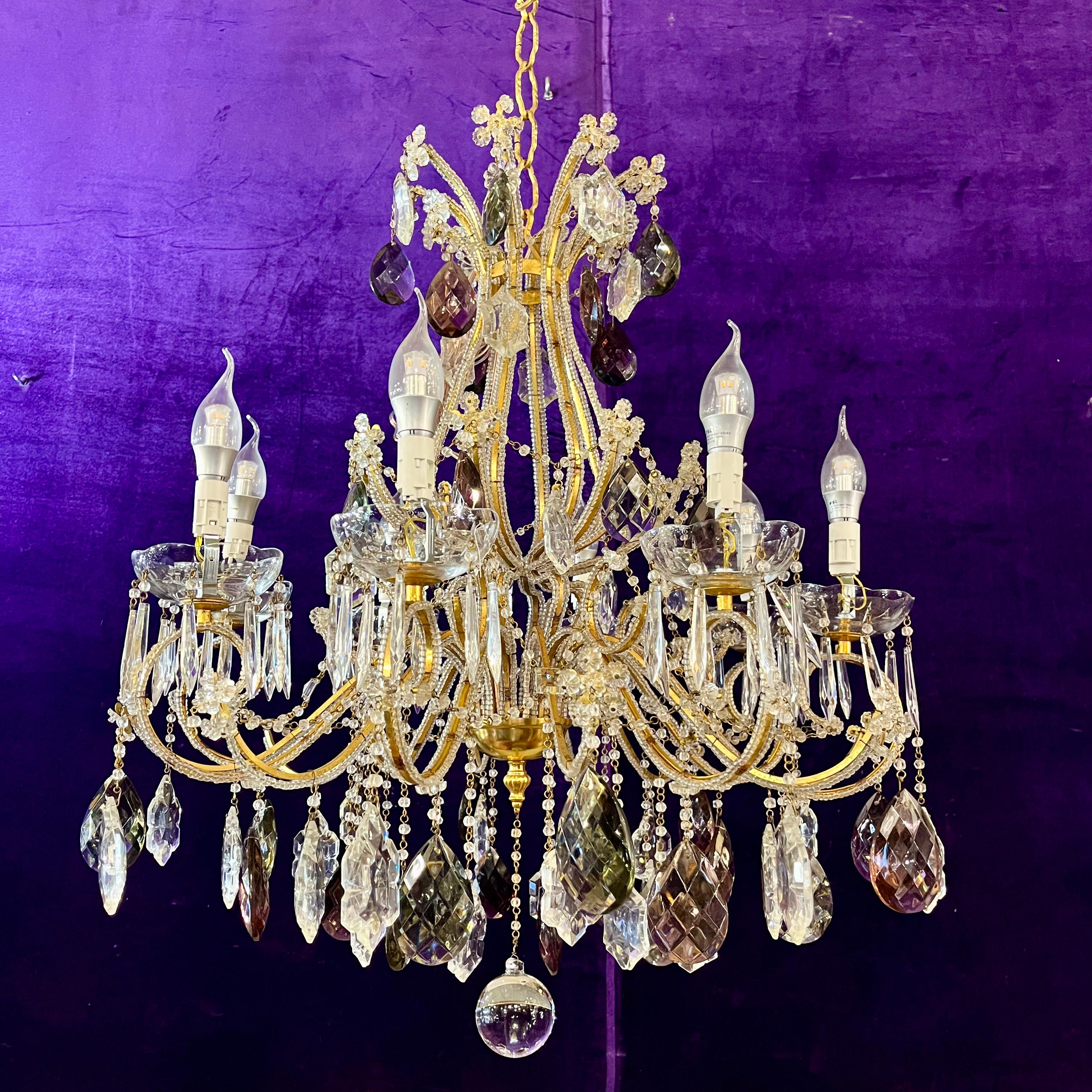 SOLD Exquisite Antique Brass Cage Chandelier with Crystal Flowers
