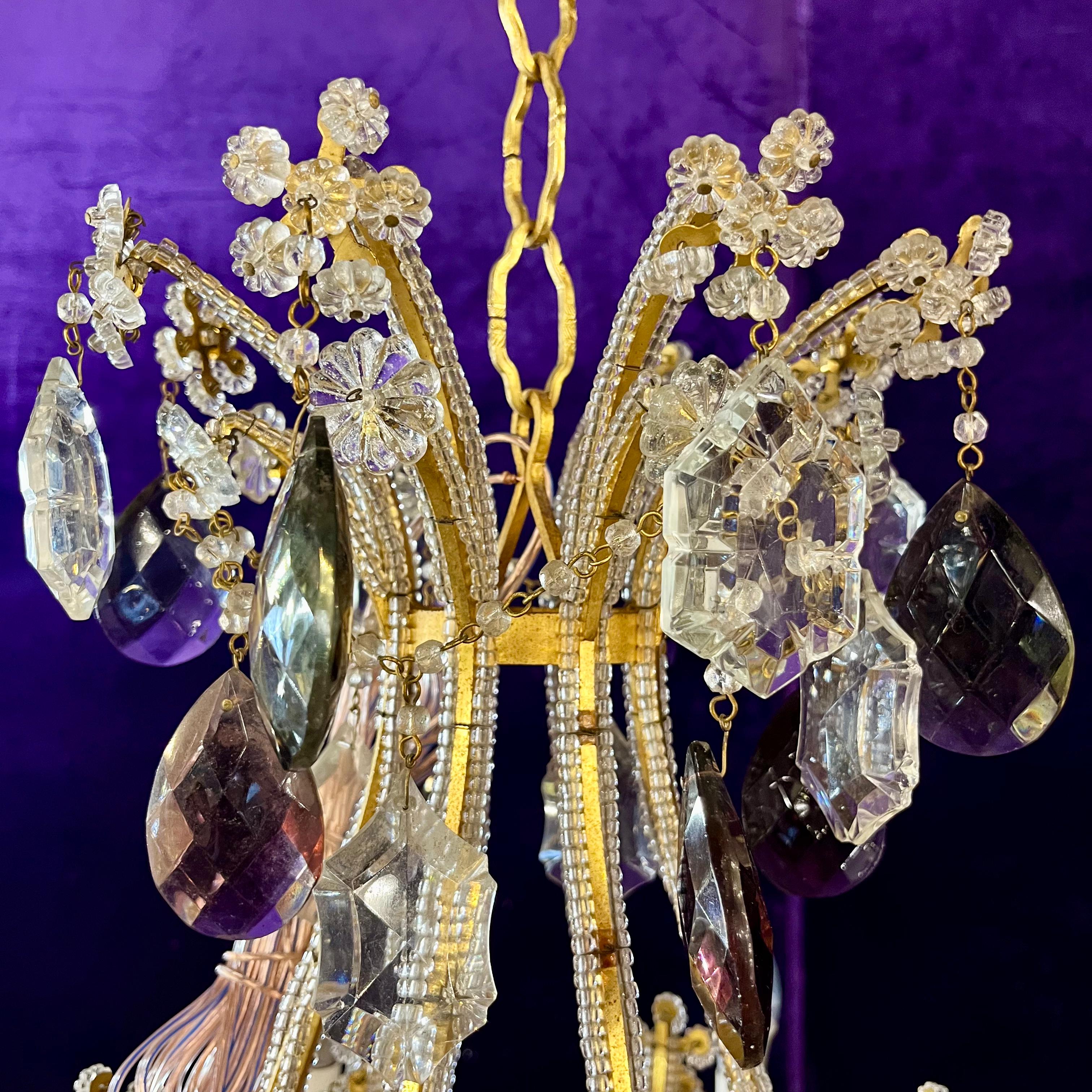 SOLD Exquisite Antique Brass Cage Chandelier with Crystal Flowers