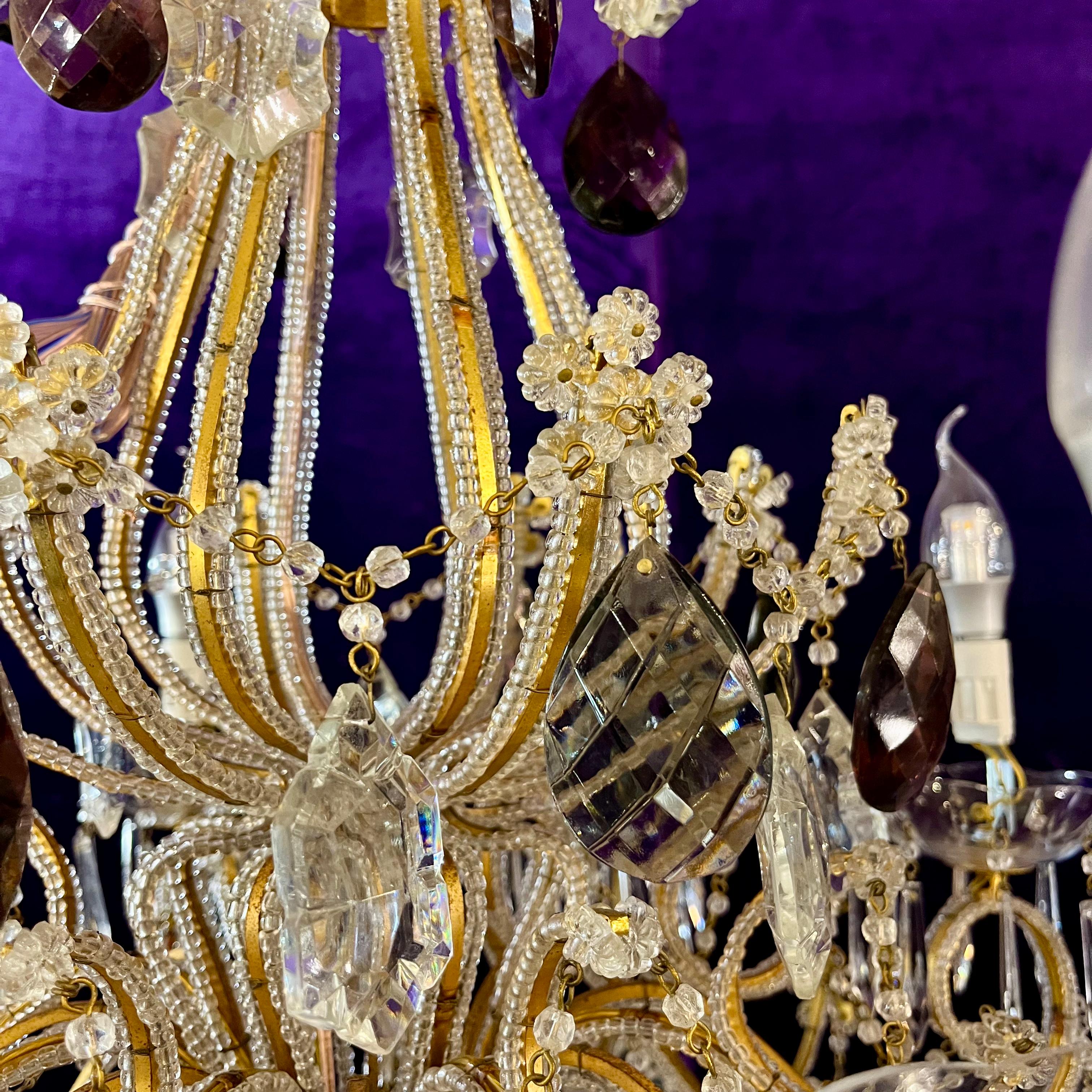 SOLD Exquisite Antique Brass Cage Chandelier with Crystal Flowers