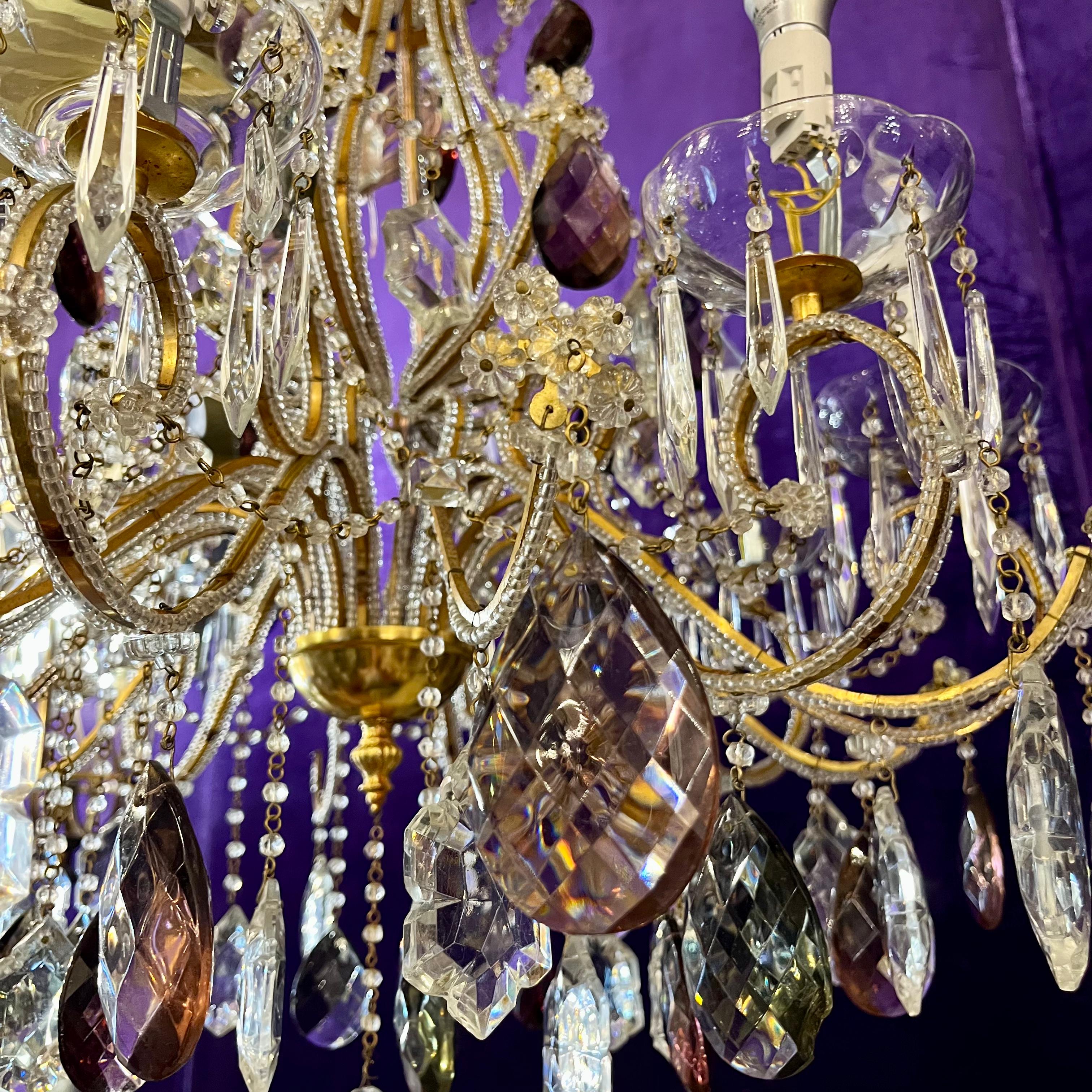 SOLD Exquisite Antique Brass Cage Chandelier with Crystal Flowers