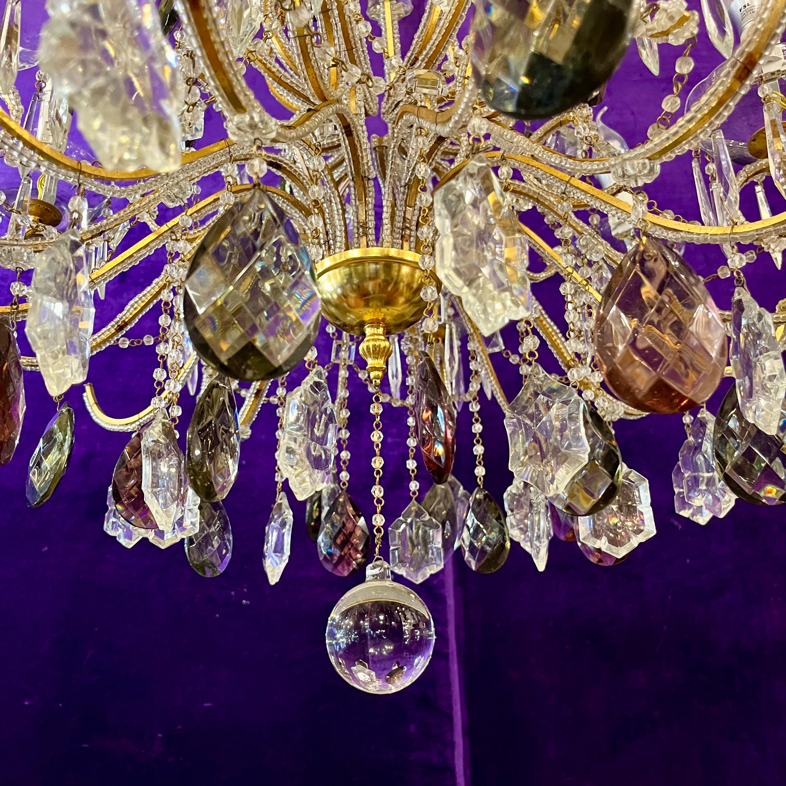 SOLD Exquisite Antique Brass Cage Chandelier with Crystal Flowers