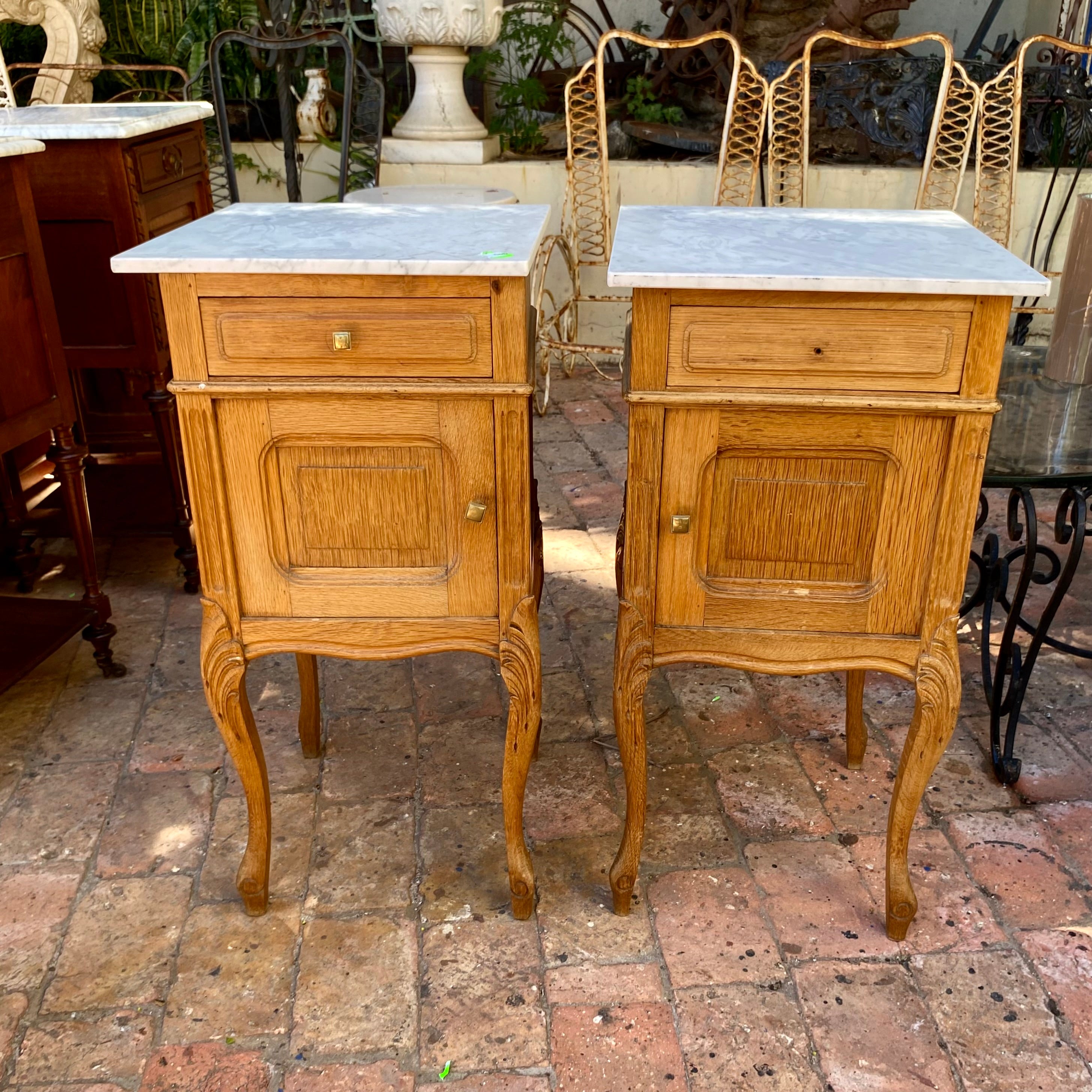 Antique Oak Bedside Pedestals with Cabriole Legs and Marble Top - SOLD