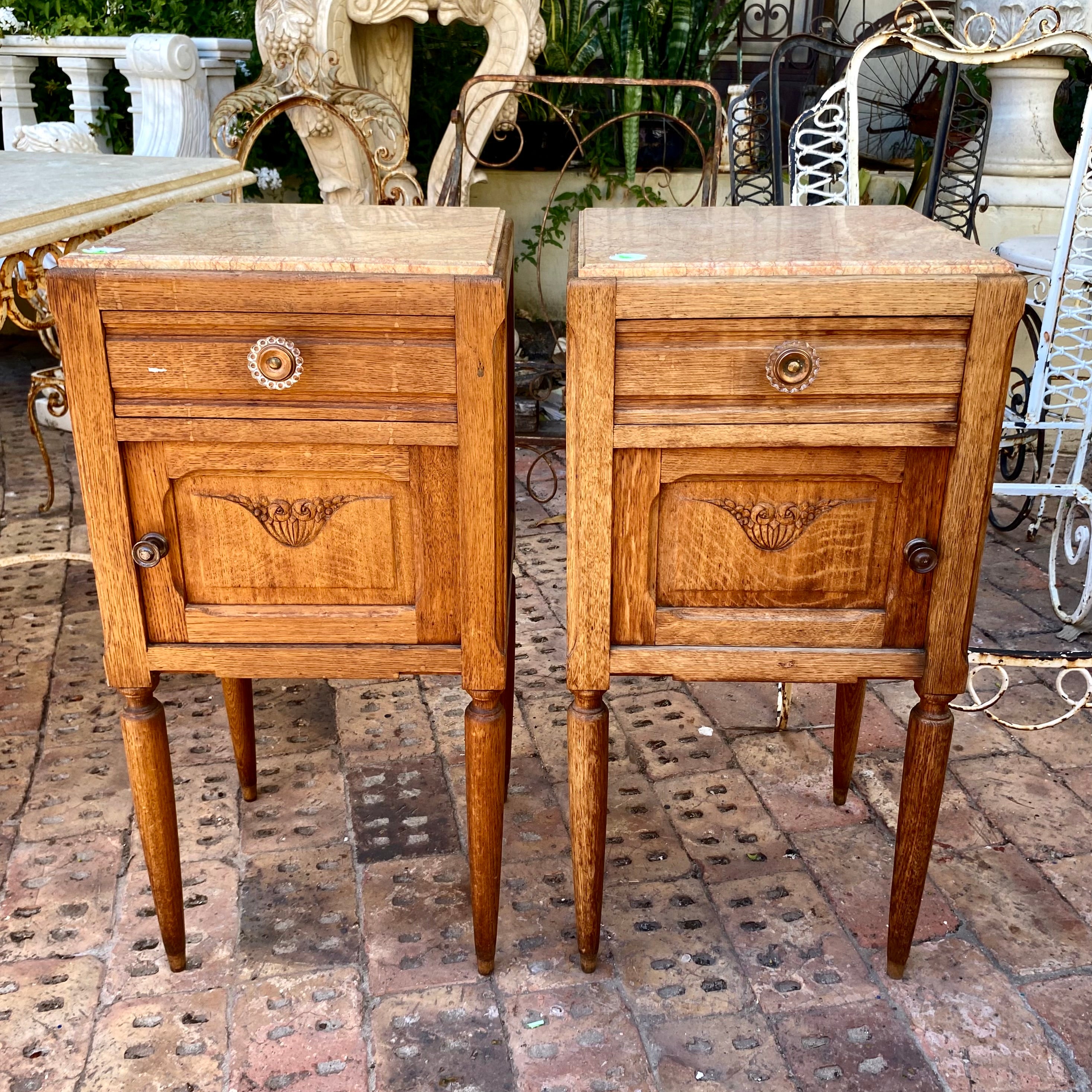 Antique  Light Oak Bedside Pedestals with Mottled Marble top