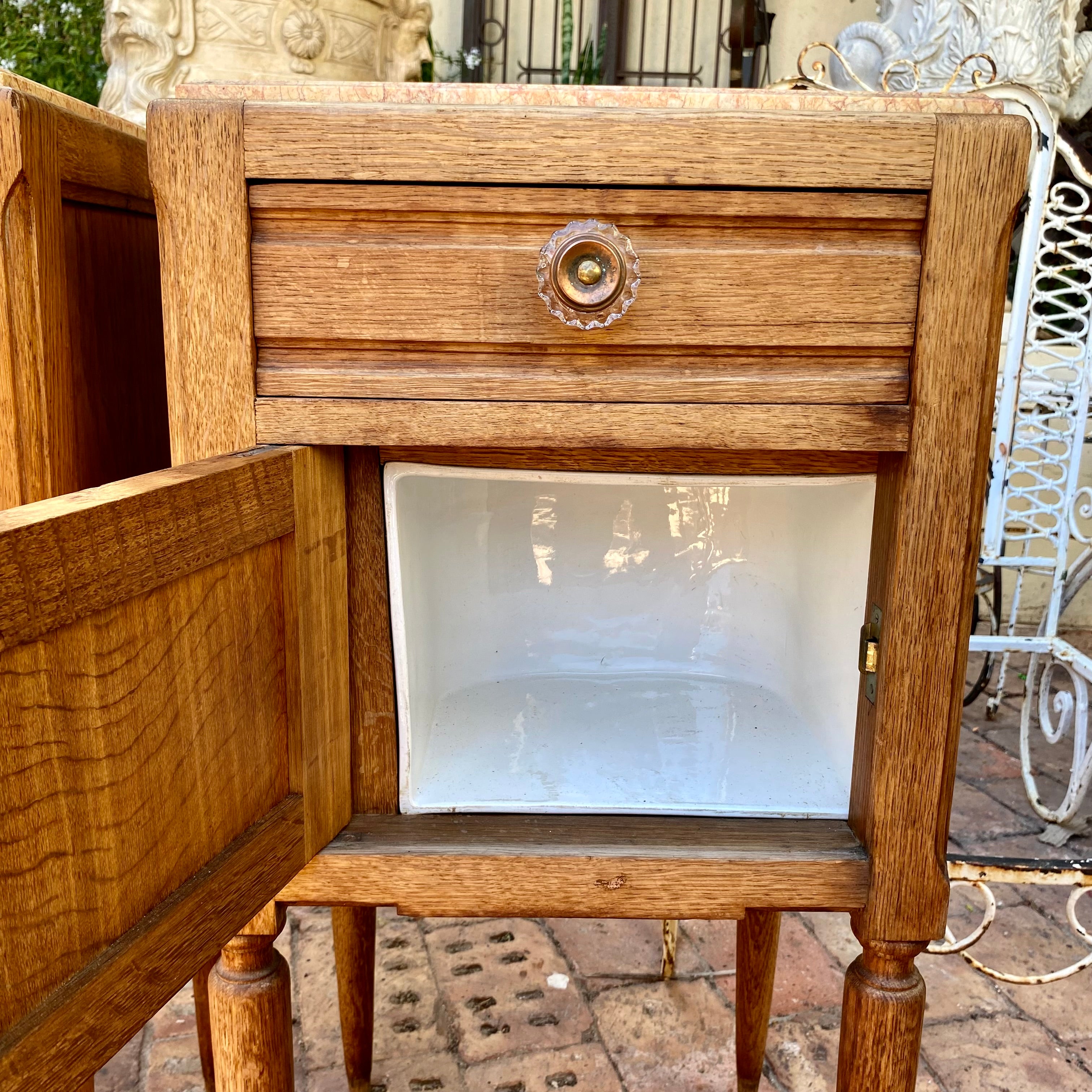 Antique  Light Oak Bedside Pedestals with Mottled Marble top