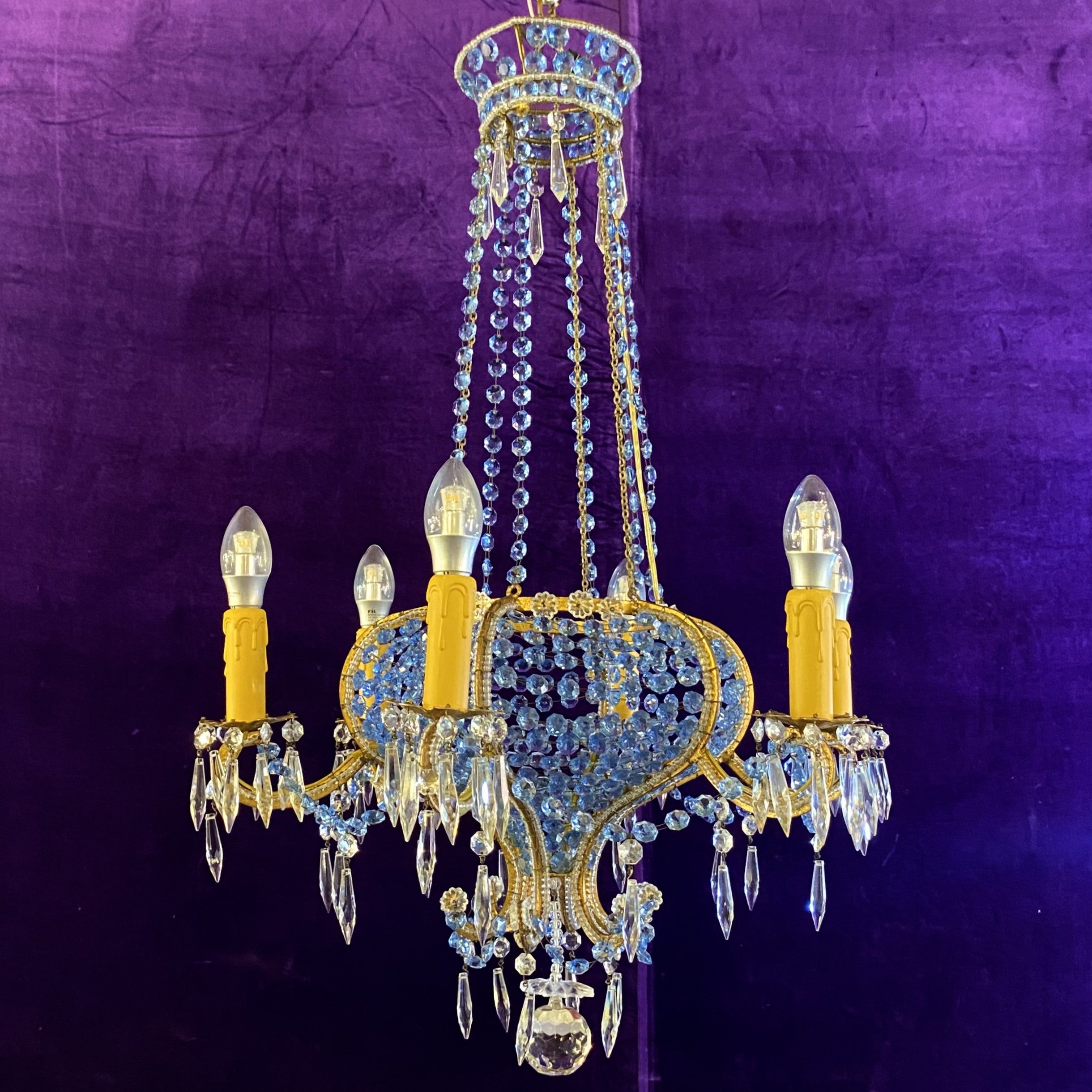 Antique Italian Beaded Chandelier with Original Blue Crystals