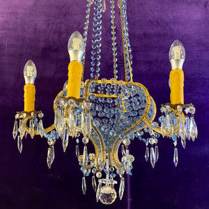 Antique Italian Beaded Chandelier with Original Blue Crystals