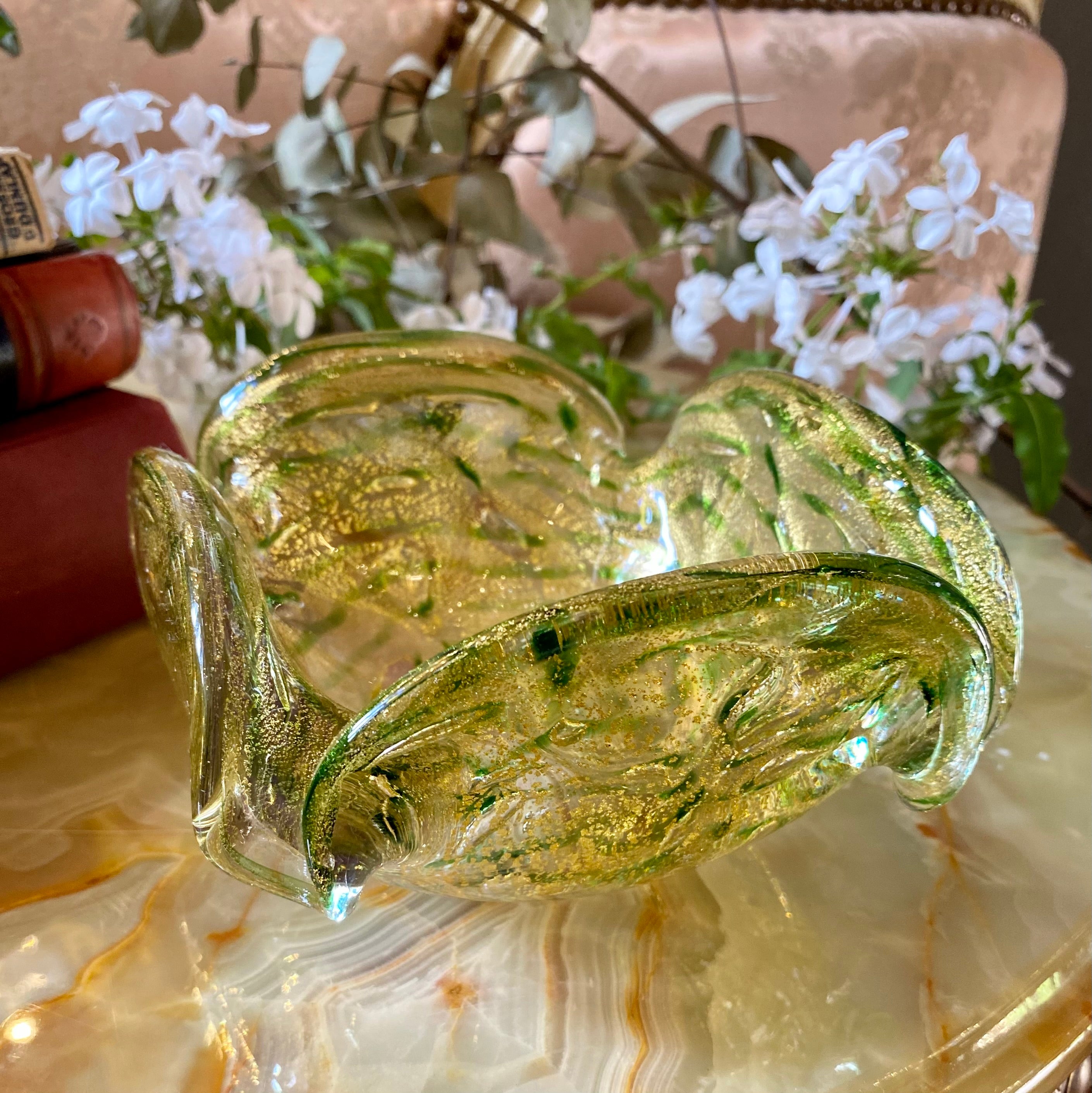 Vintage Green and Gold Murano Ashtray