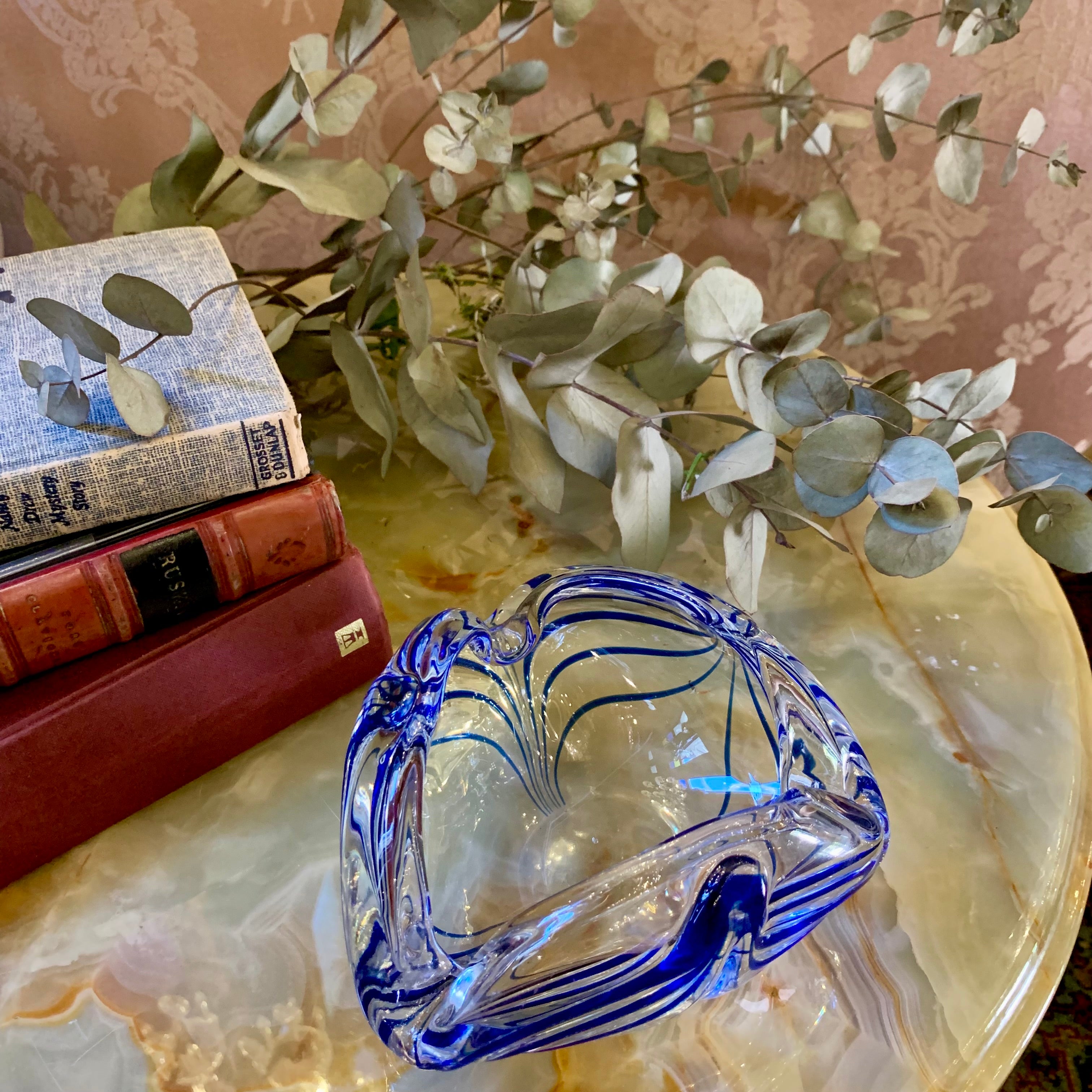 Striped Blue and Clear Murano Bowl