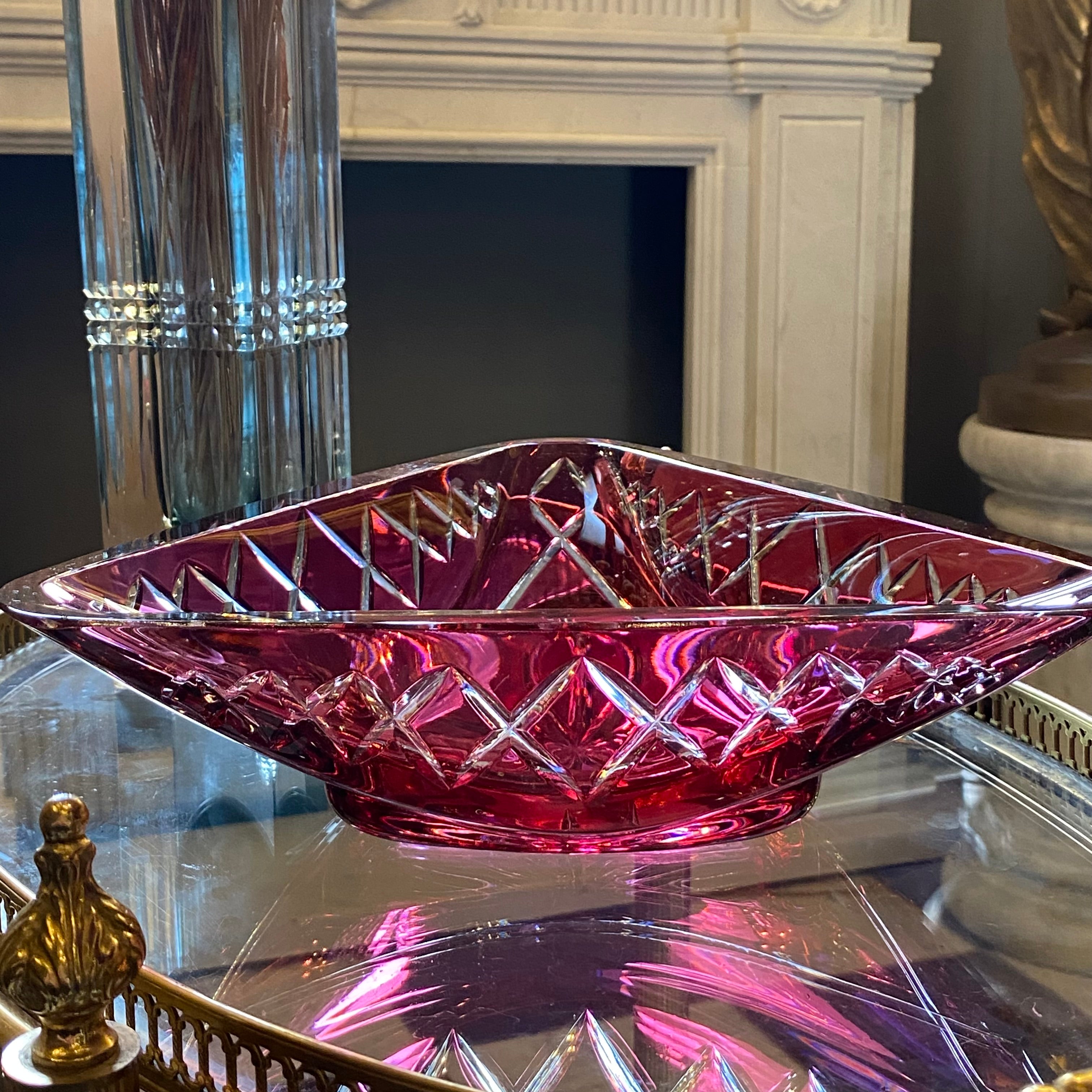 Large Etched Cranberry Glass Bowl