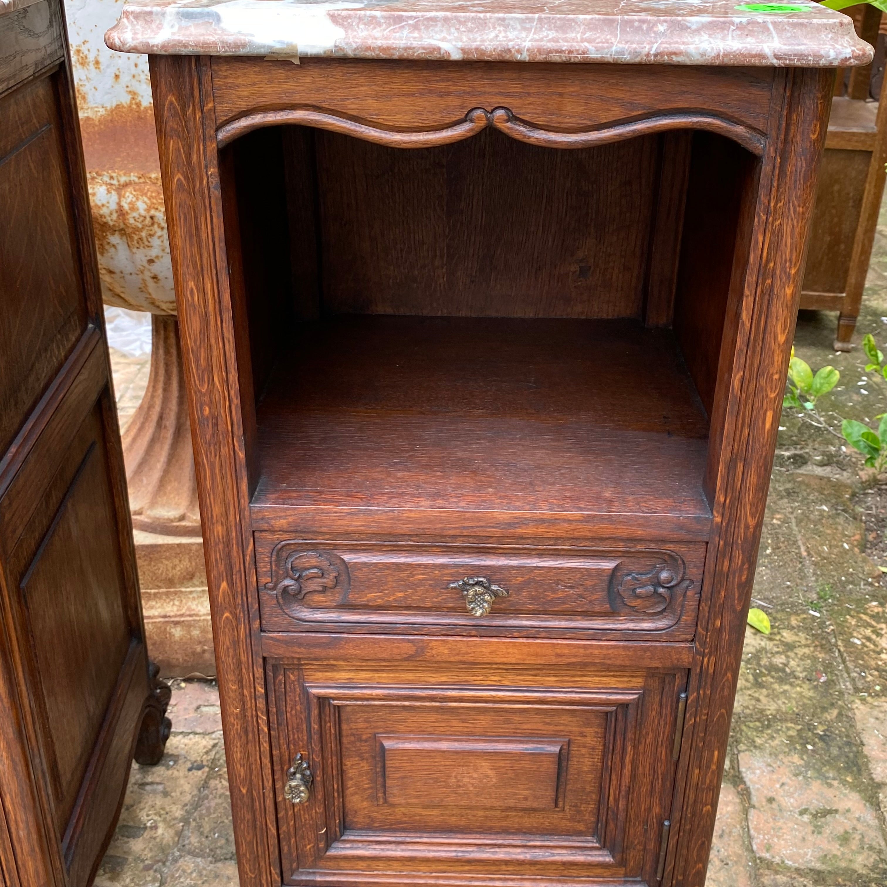 Antique French Oak Pedestals with Marble Tops - SOLD