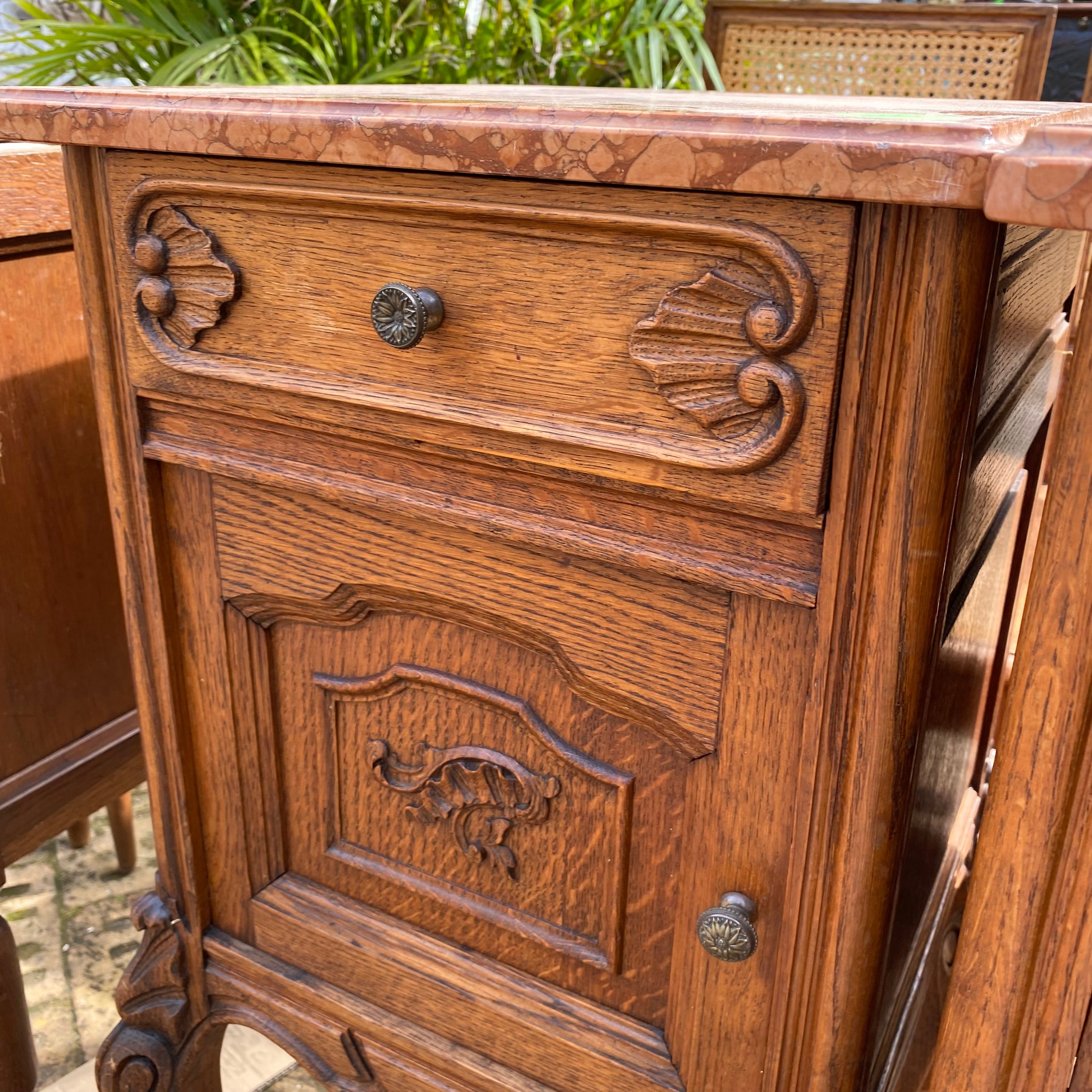 Beautiful Antique Oak Bedside Tables with Marble Top